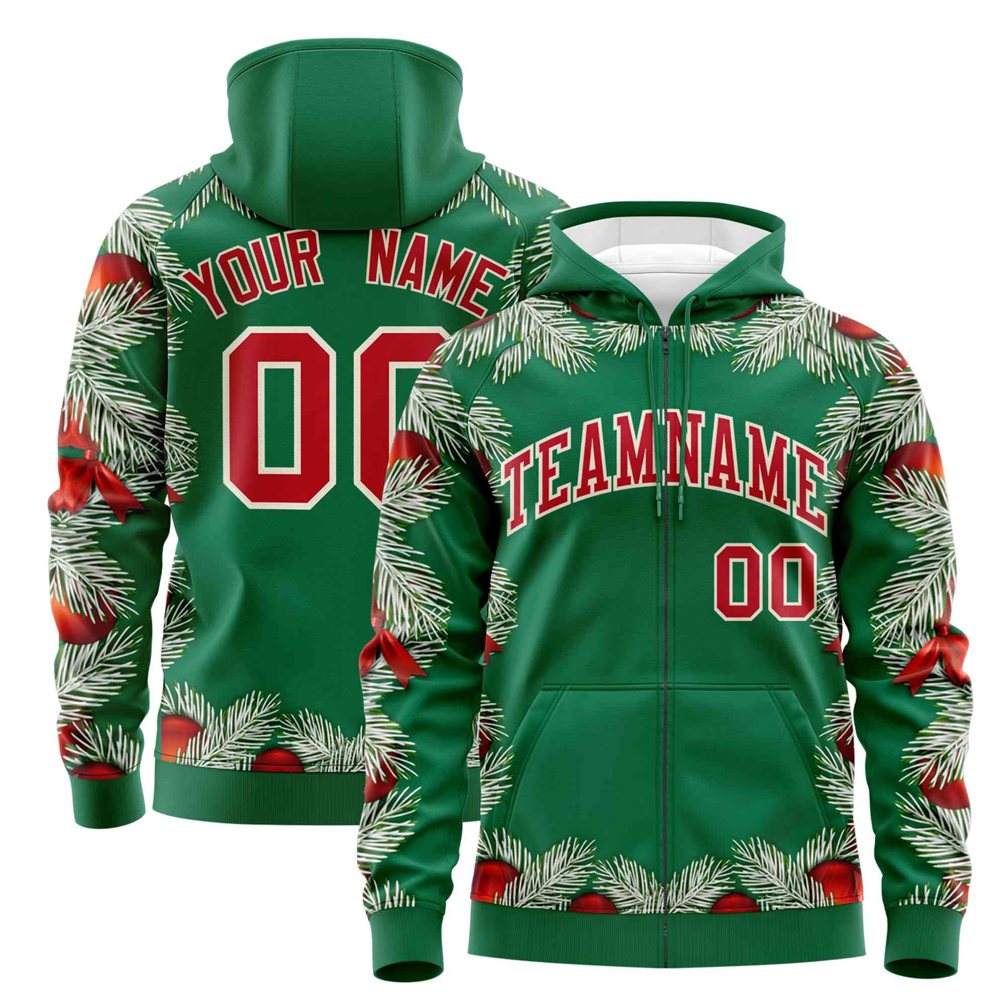 Custom Kelly Green Red Christmas Graffiti Pattern Athletic Pullover Hoodie