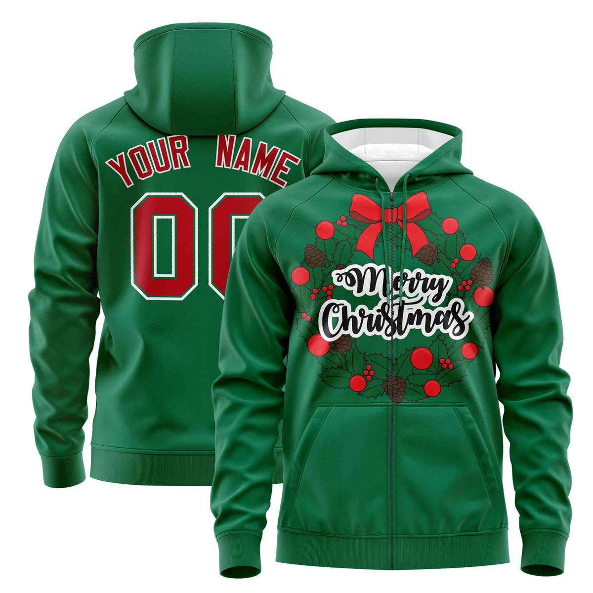 Custom Kelly Green Red Christmas Graffiti Pattern Athletic Pullover Hoodie