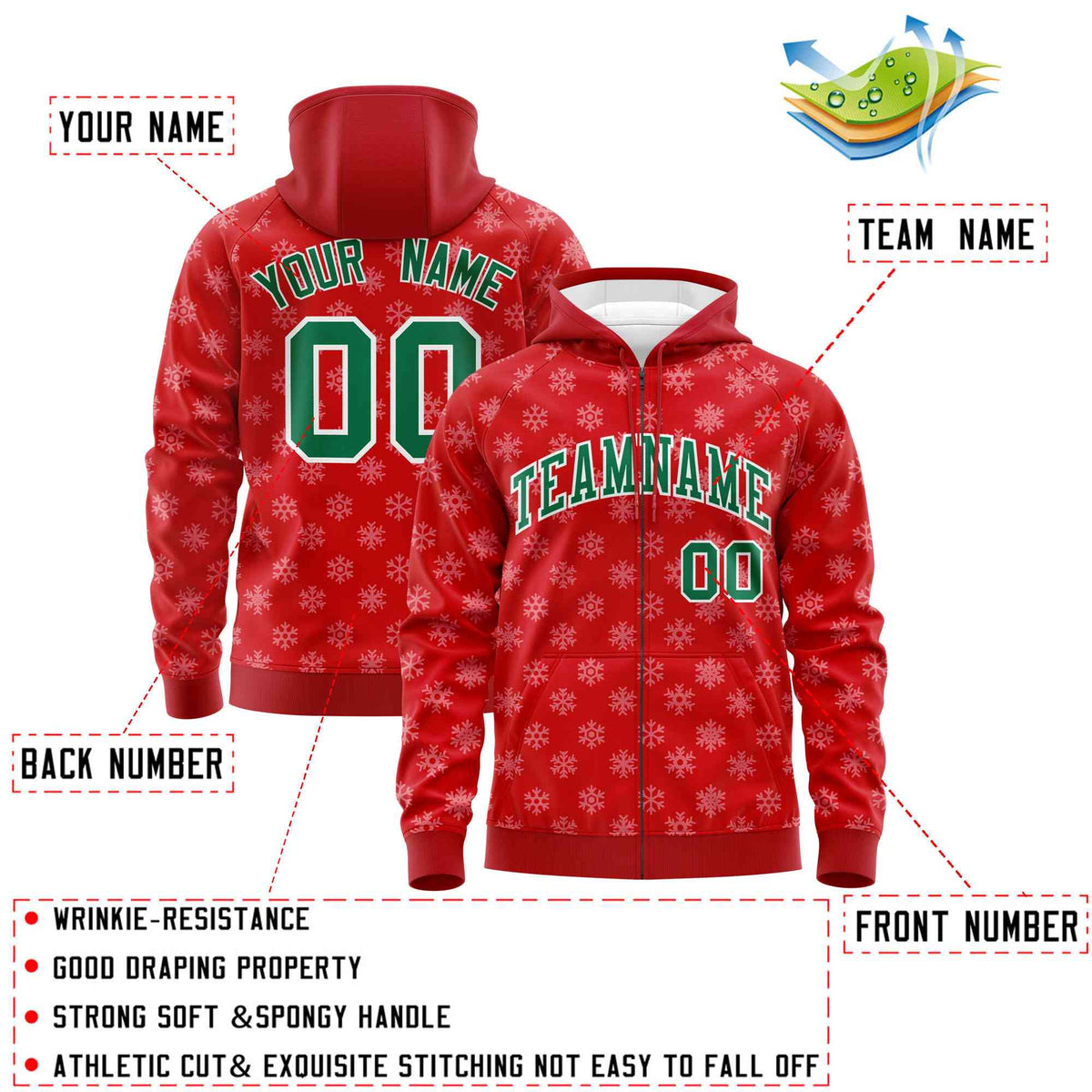 Custom Red Kelly Green Christmas Graffiti Pattern Athletic Pullover Hoodie