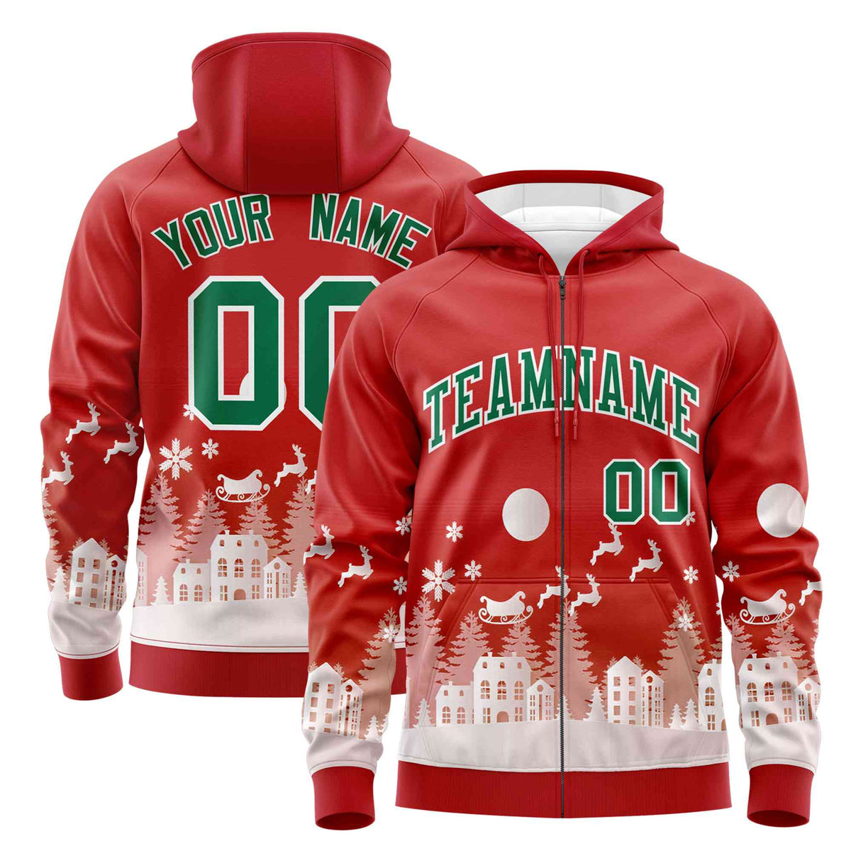 Custom Red Kelly Green Christmas Graffiti Pattern Athletic Full-Zip Hoodie