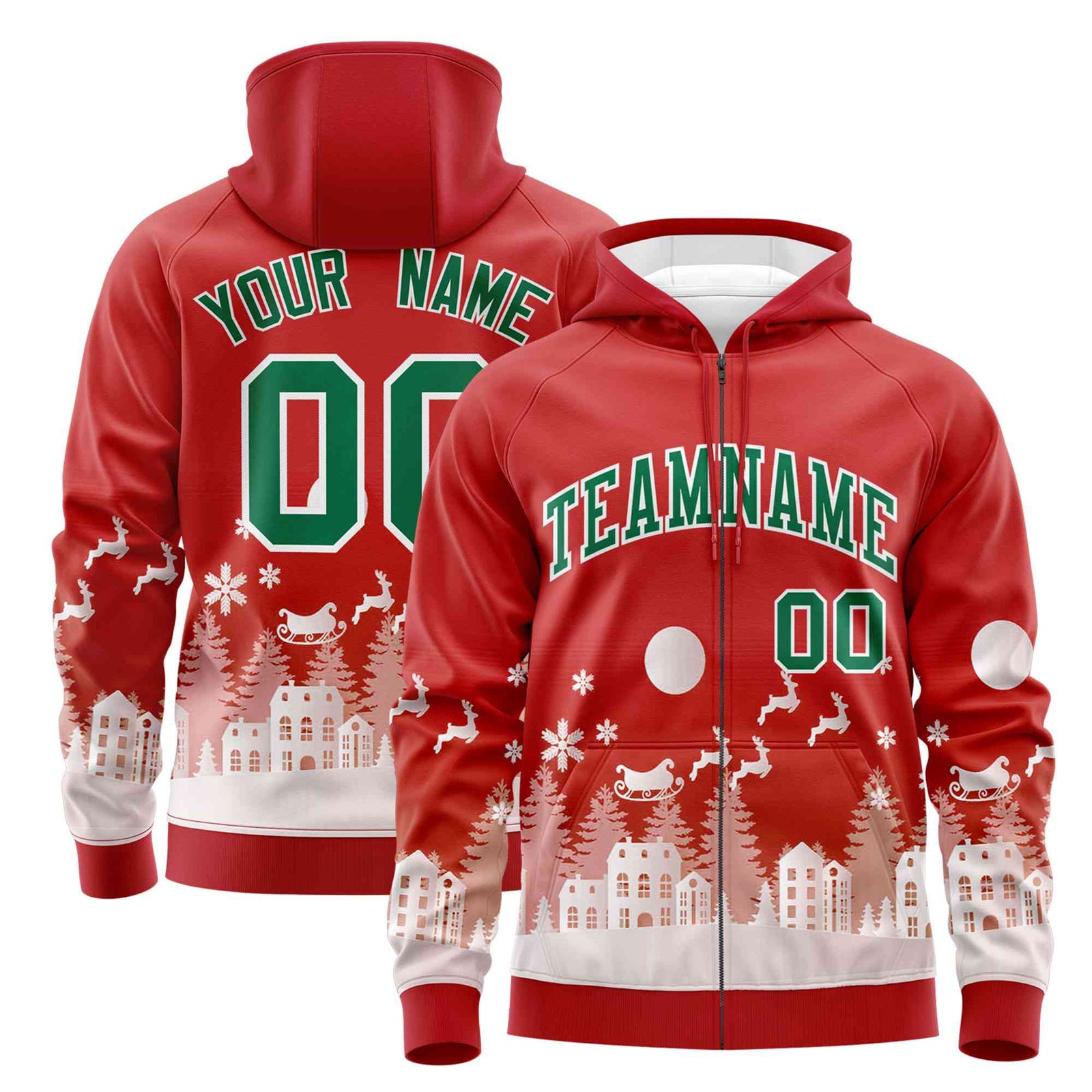 Custom Red Kelly Green Christmas Graffiti Pattern Athletic Full-Zip Hoodie