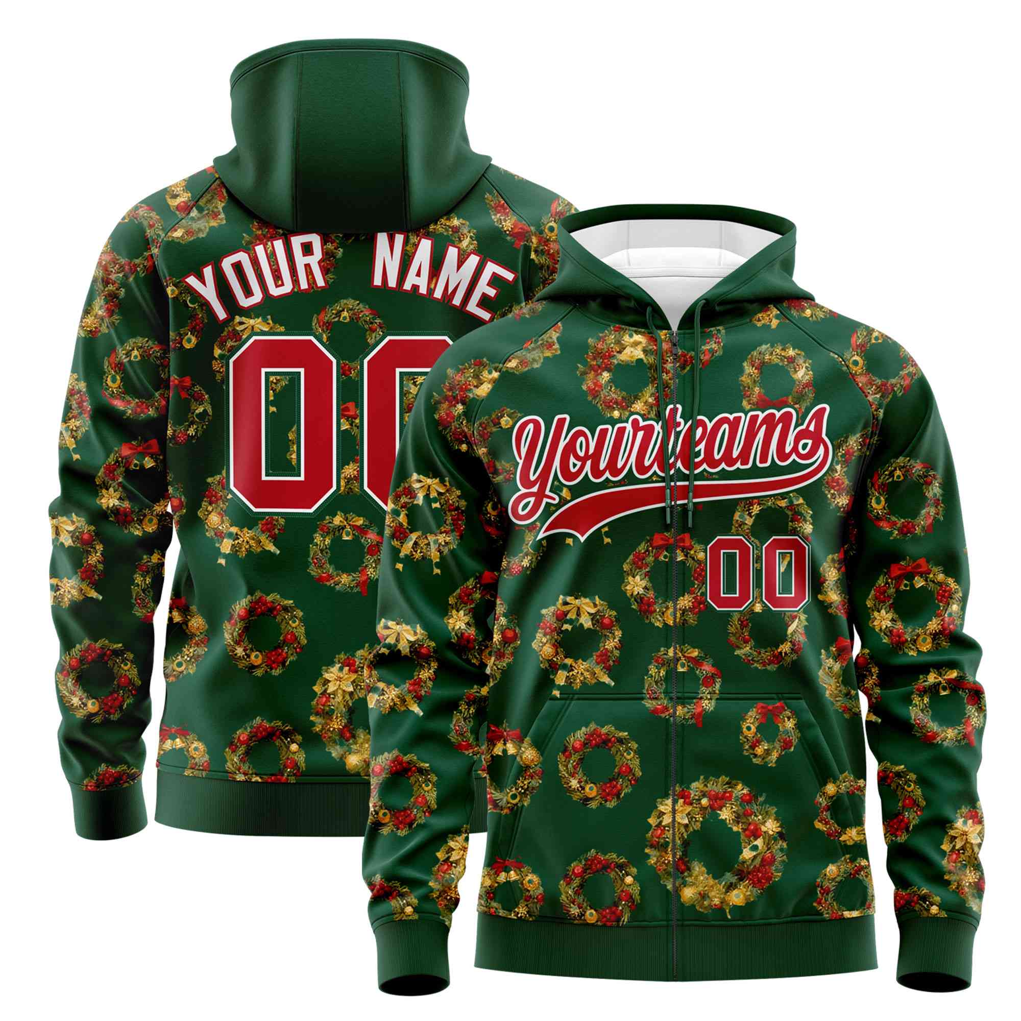 Custom Green Red Christmas Graffiti Pattern Athletic Pullover Hoodie