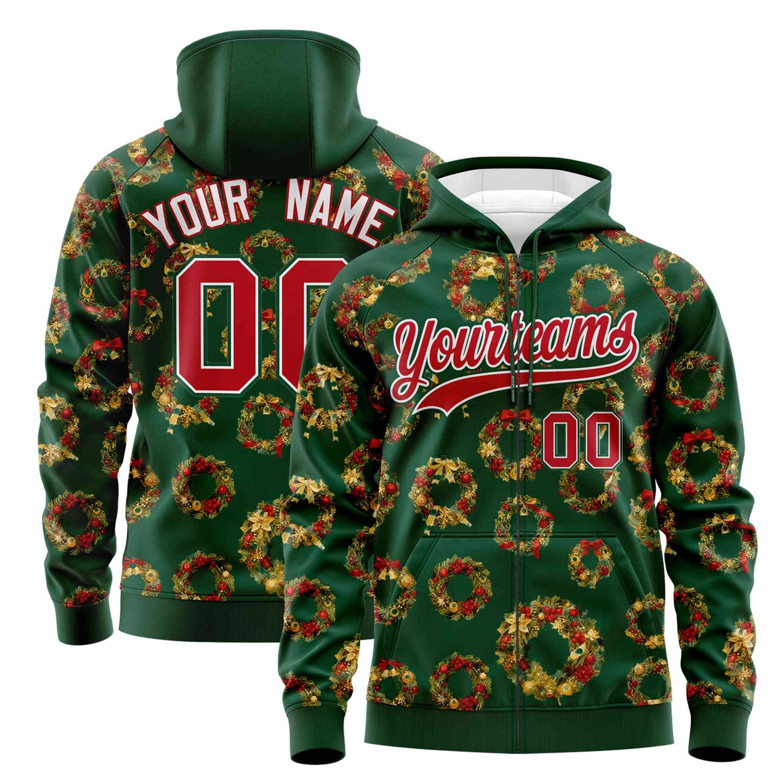 Custom Green Red Christmas Graffiti Pattern Athletic Full-Zip Hoodie
