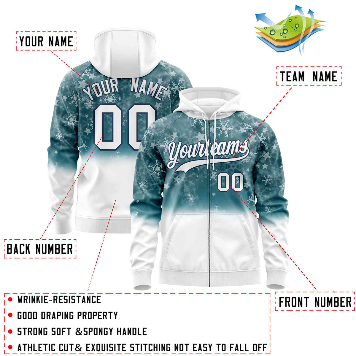 Custom White Midnight Blue Christmas Graffiti Pattern Athletic Full-Zip Hoodie