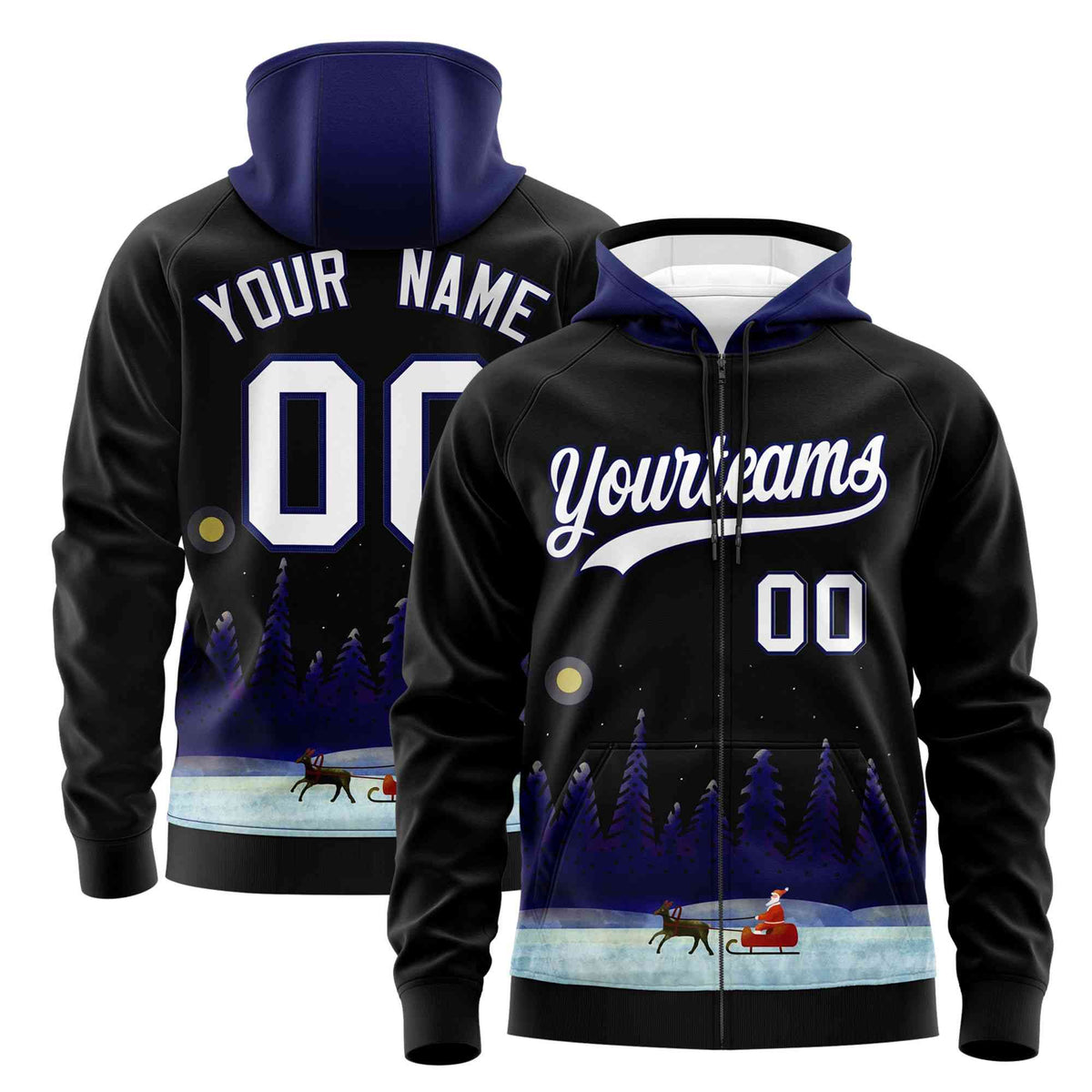 Custom Black Dark Blue Christmas Graffiti Pattern Athletic Pullover Hoodie