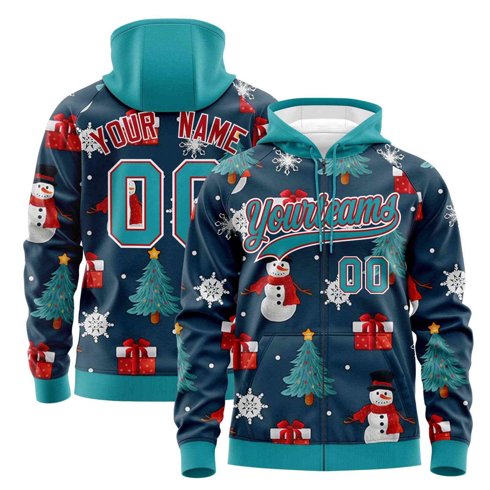 Custom Midnight Blue Aqua Christmas Graffiti Pattern Athletic Pullover Hoodie