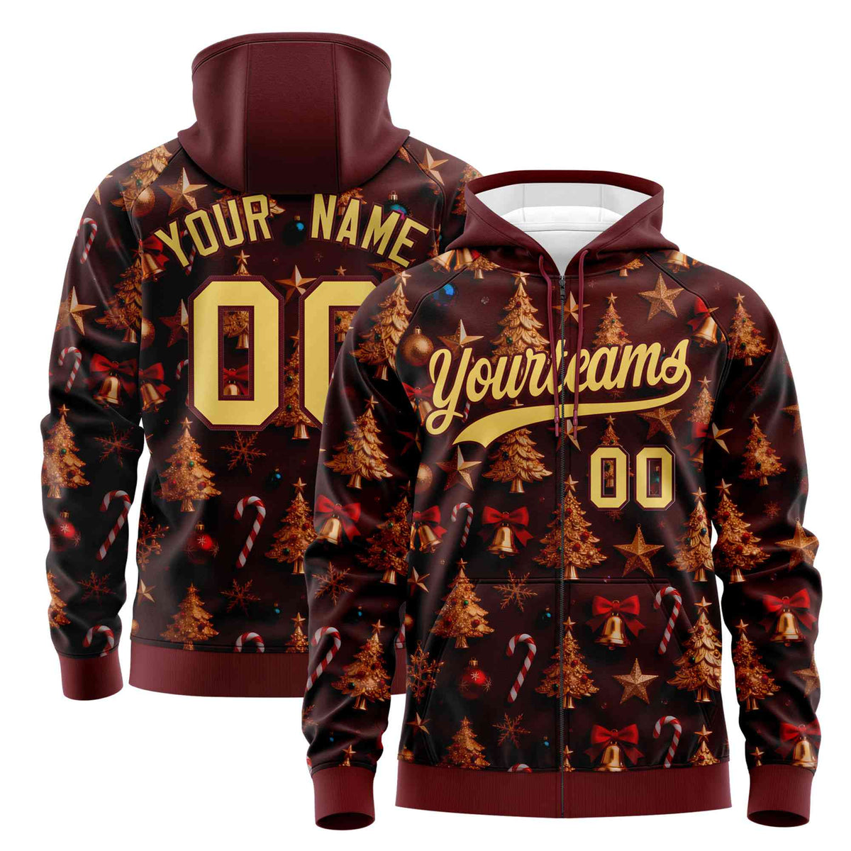 Custom Burgundy Khaki Christmas Graffiti Pattern Athletic Pullover Hoodie