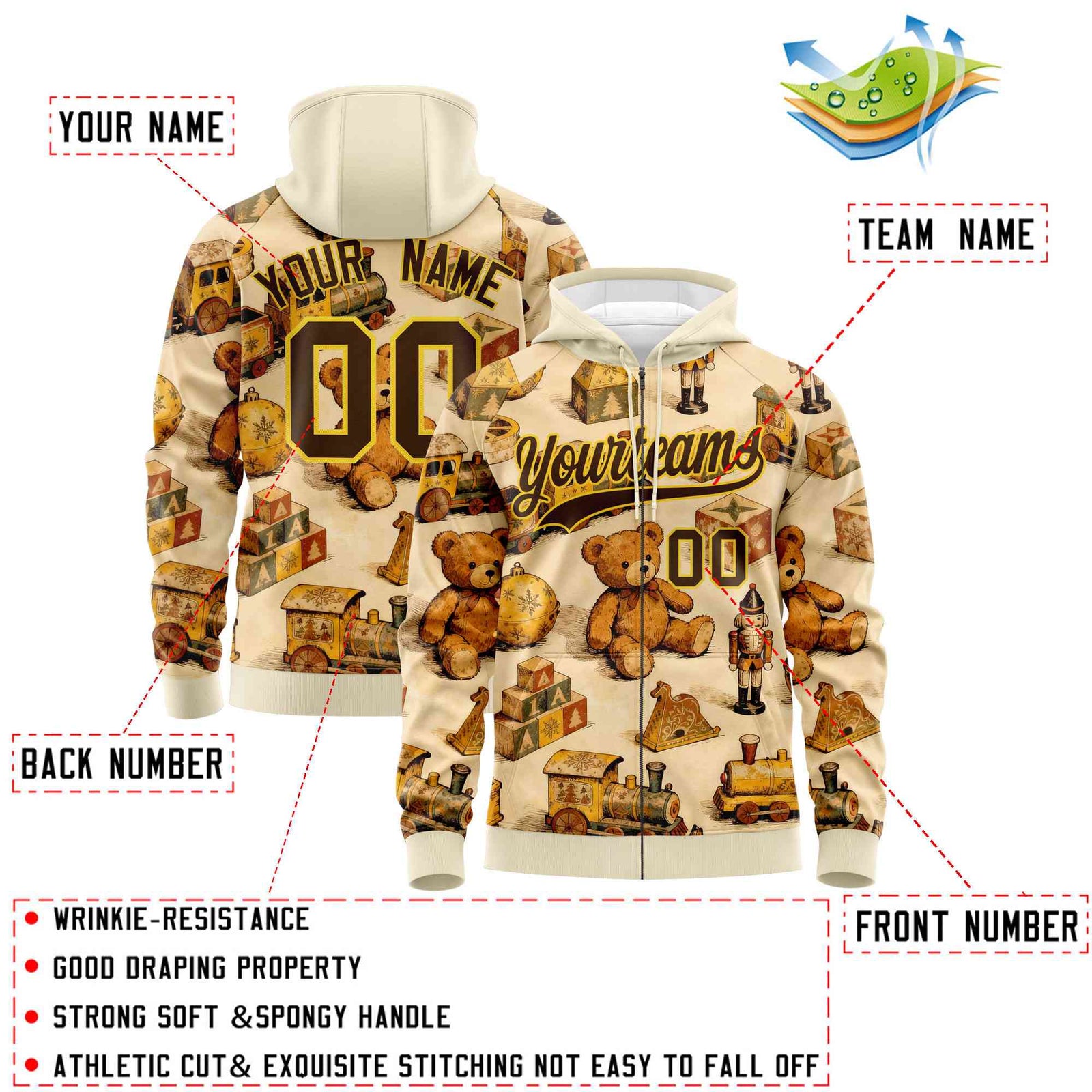 Custom Cream Light Brown Christmas Graffiti Pattern Athletic Full-Zip Hoodie