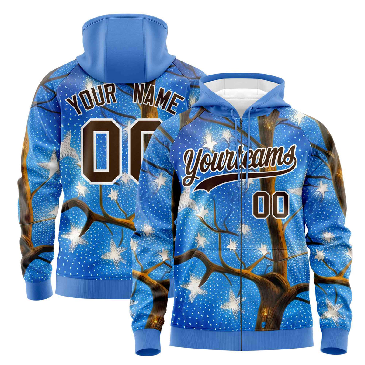 Custom Powder Blue Light Brown Christmas Graffiti Pattern Athletic Full-Zip Hoodie