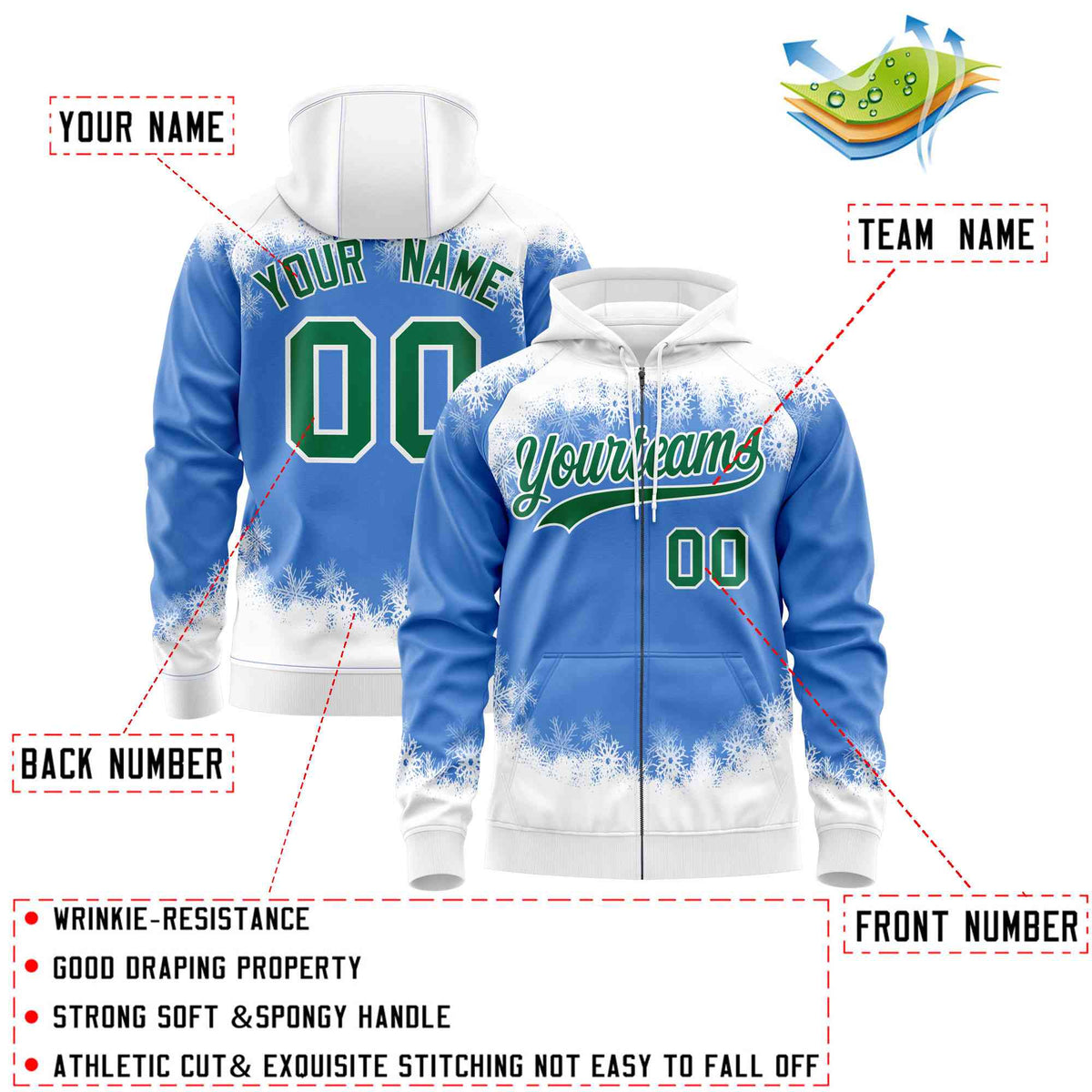 Custom Powder Blue White Christmas Graffiti Pattern Athletic Full-Zip Hoodie