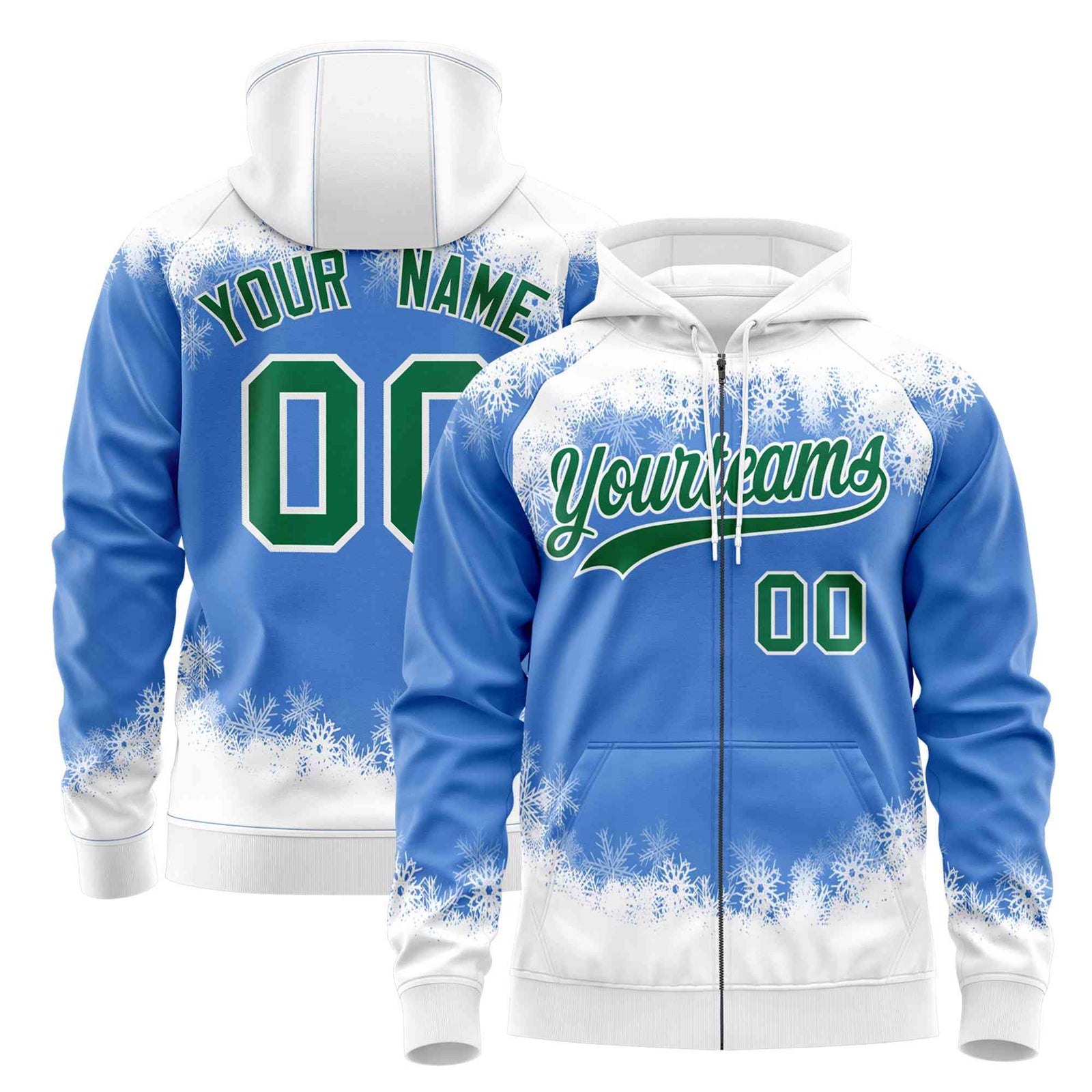 Custom Powder Blue White Christmas Graffiti Pattern Athletic Pullover Hoodie