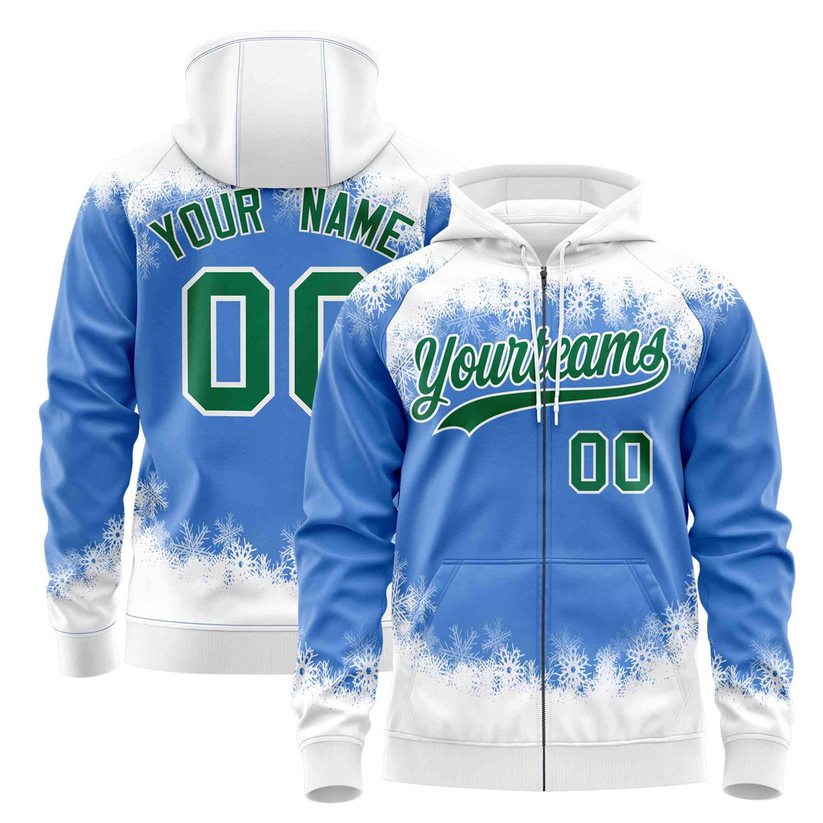 Custom Powder Blue White Christmas Graffiti Pattern Athletic Full-Zip Hoodie