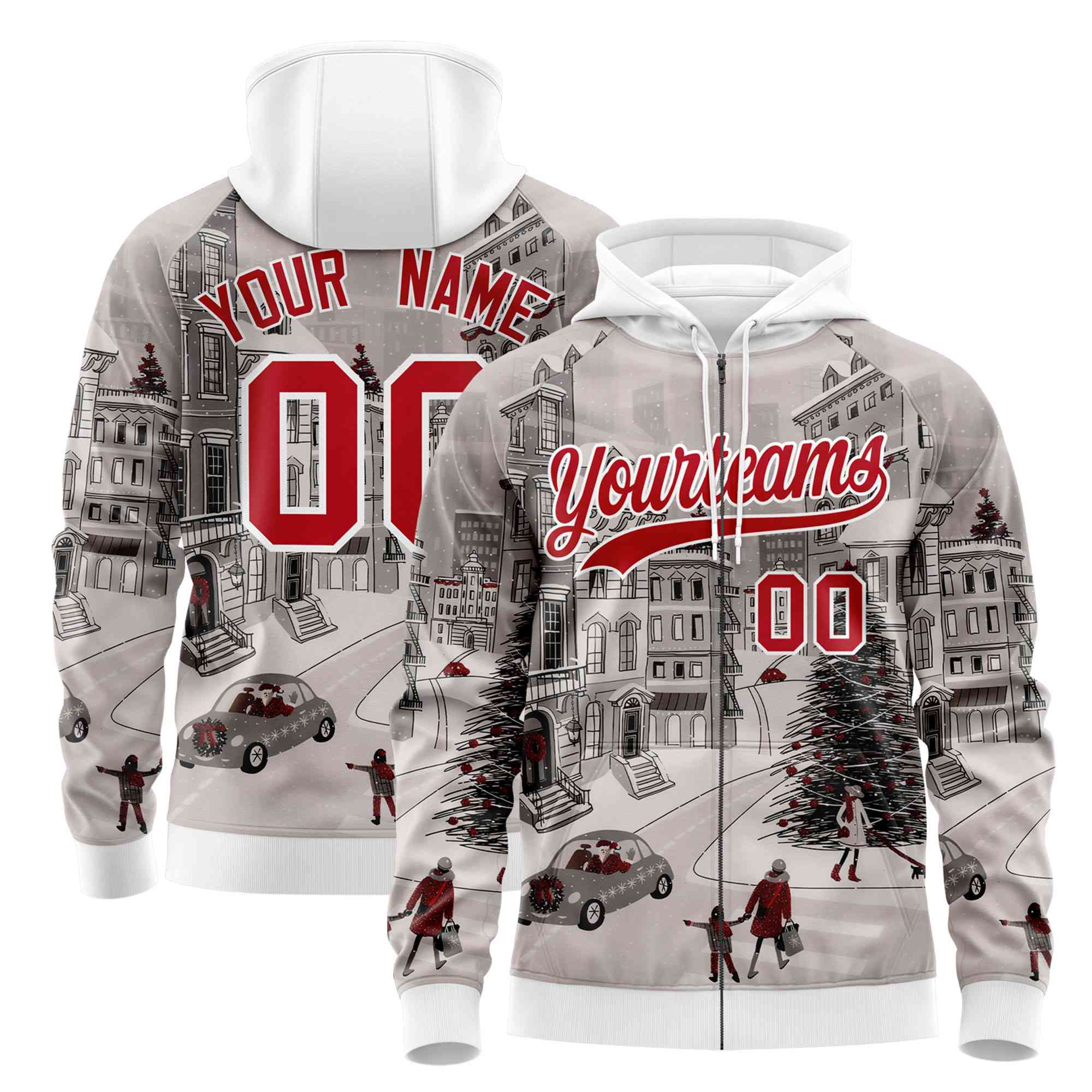 Custom White Red Christmas Graffiti Pattern Athletic Pullover Hoodie