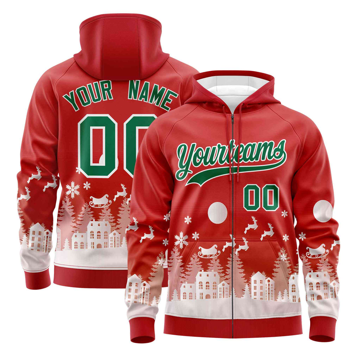 Custom Red Kelly Green Christmas Graffiti Pattern Athletic Full-Zip Hoodie