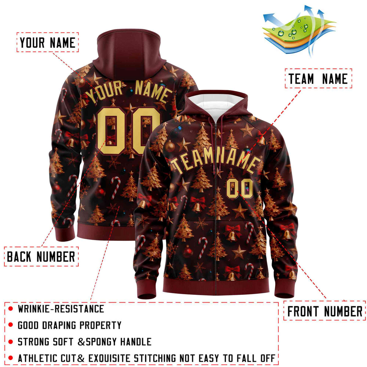 Custom Burgundy Khaki Christmas Graffiti Pattern Athletic Full-Zip Hoodie