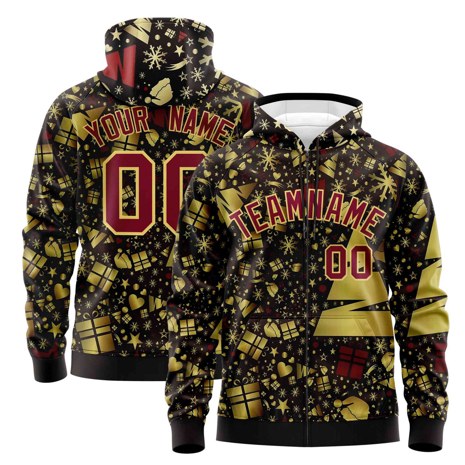 Custom Brown Crimson Christmas Graffiti Pattern Athletic Full-Zip Hoodie