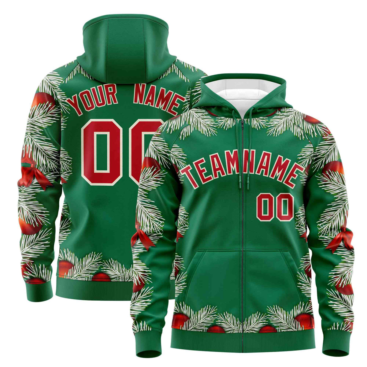 Custom Kelly Green Red Christmas Graffiti Pattern Athletic Full-Zip Hoodie