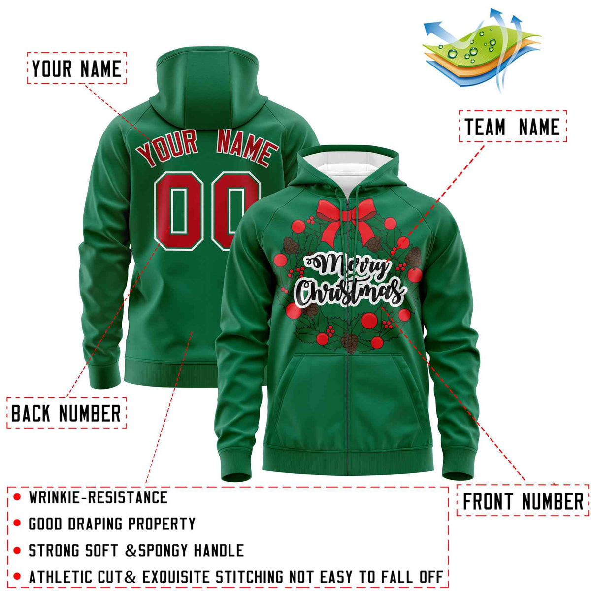 Custom Kelly Green Red Christmas Graffiti Pattern Athletic Pullover Hoodie