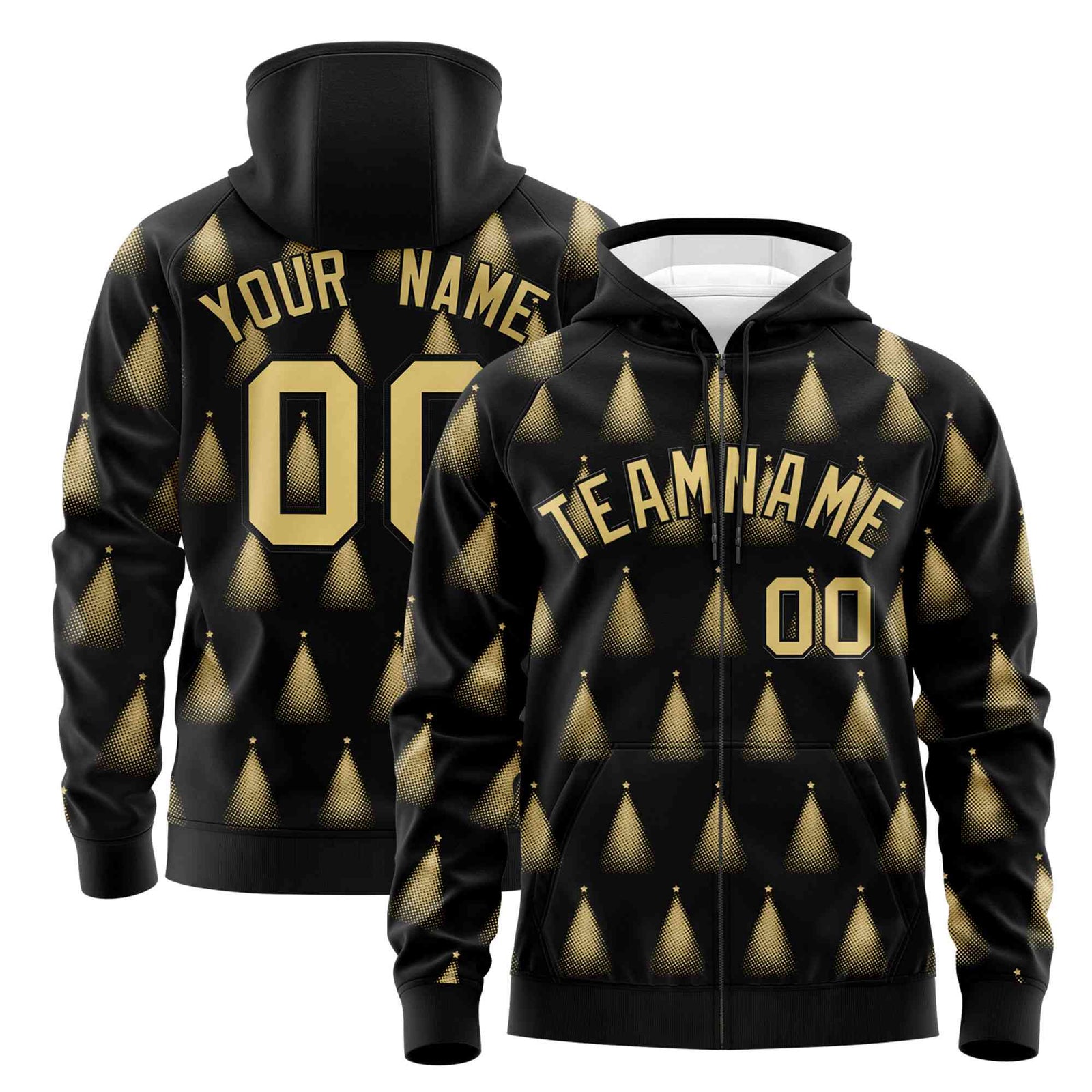 Custom Black Khaki Christmas Graffiti Pattern Athletic Full-Zip Hoodie