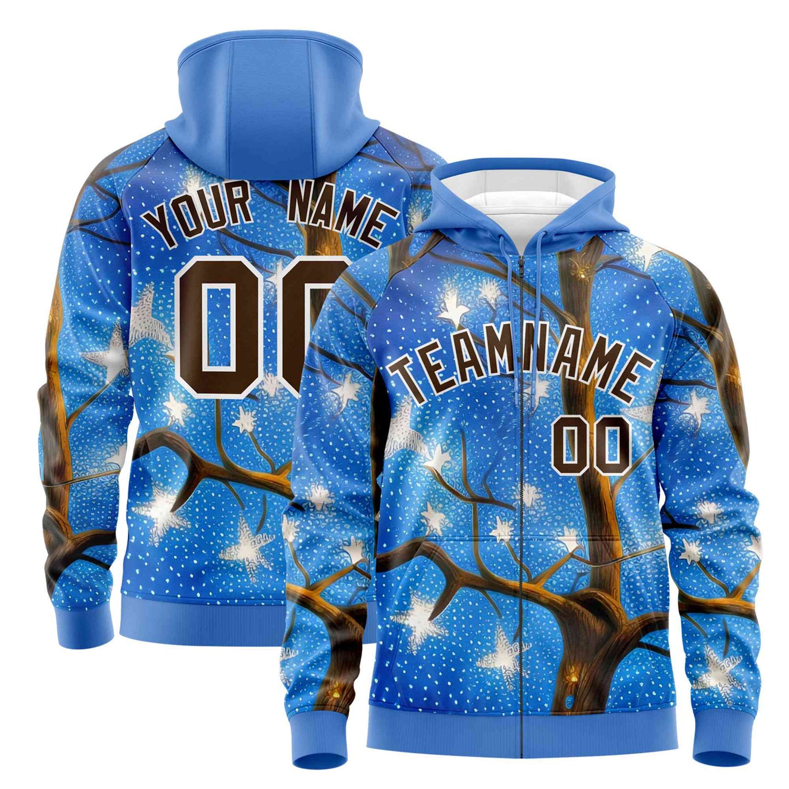 Custom Powder Blue Light Brown Christmas Graffiti Pattern Athletic Full-Zip Hoodie