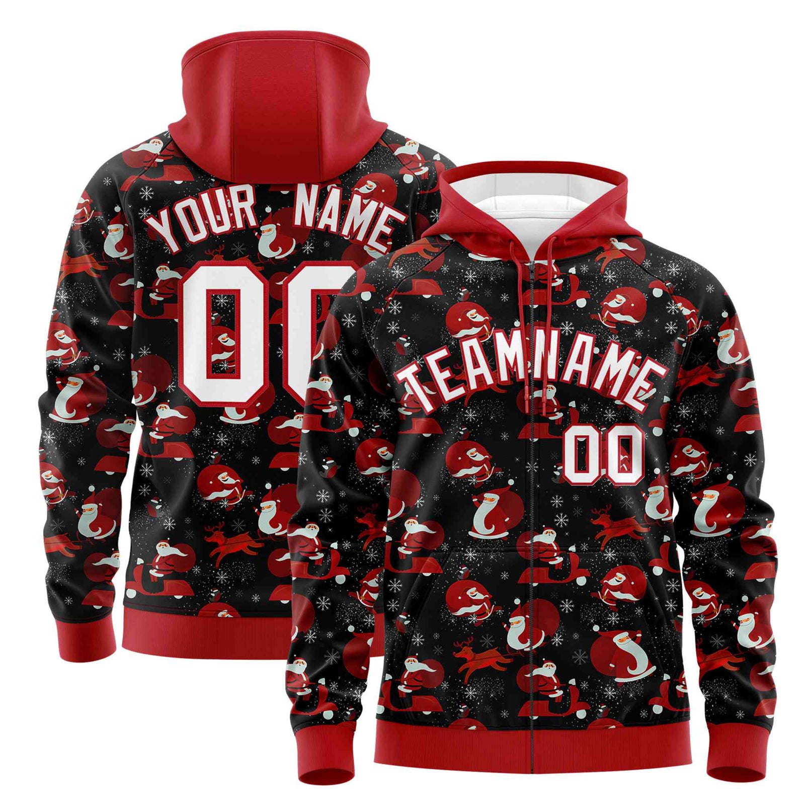 Custom Black Red Christmas Graffiti Pattern Athletic Full-Zip Hoodie