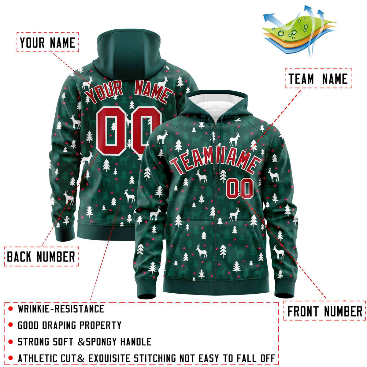 Custom Midnight Green Red Christmas Graffiti Pattern Athletic Pullover Hoodie
