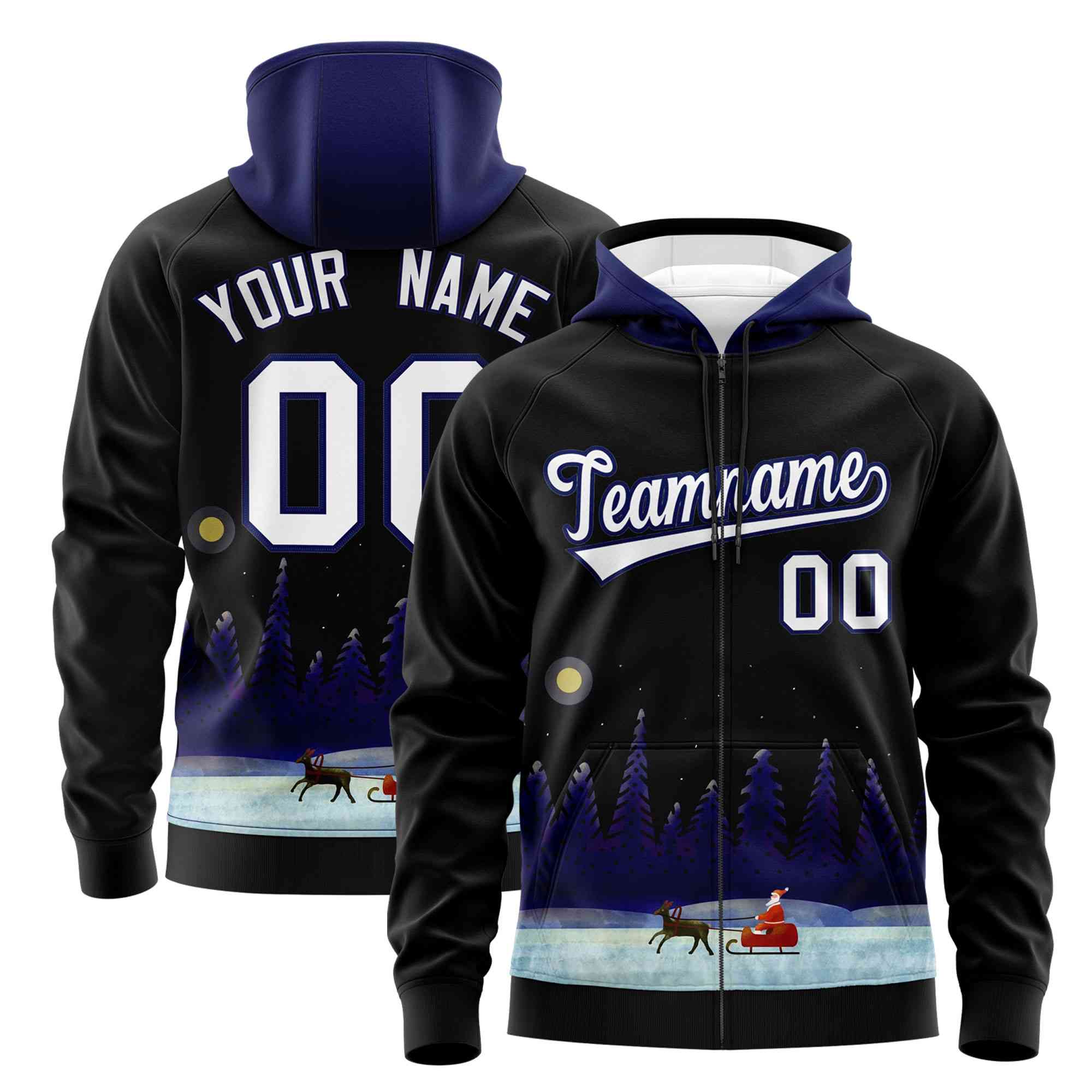 Custom Black Dark Blue Christmas Graffiti Pattern Athletic Pullover Hoodie| KXKSHOP