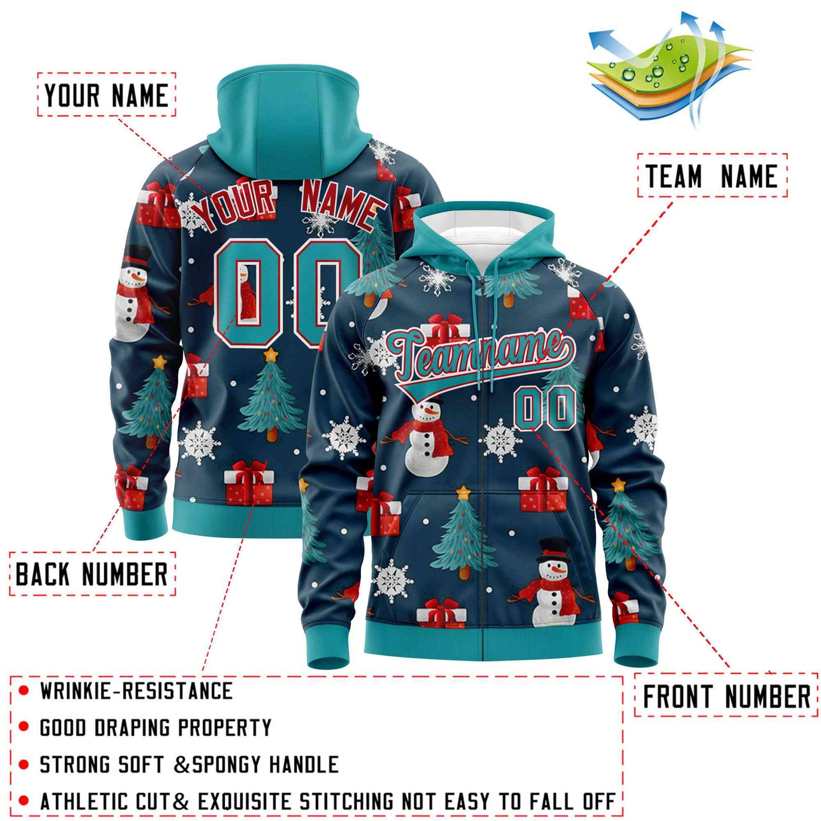 Custom Midnight Blue Aqua Christmas Graffiti Pattern Athletic Full-Zip Hoodie| KXKSHOP