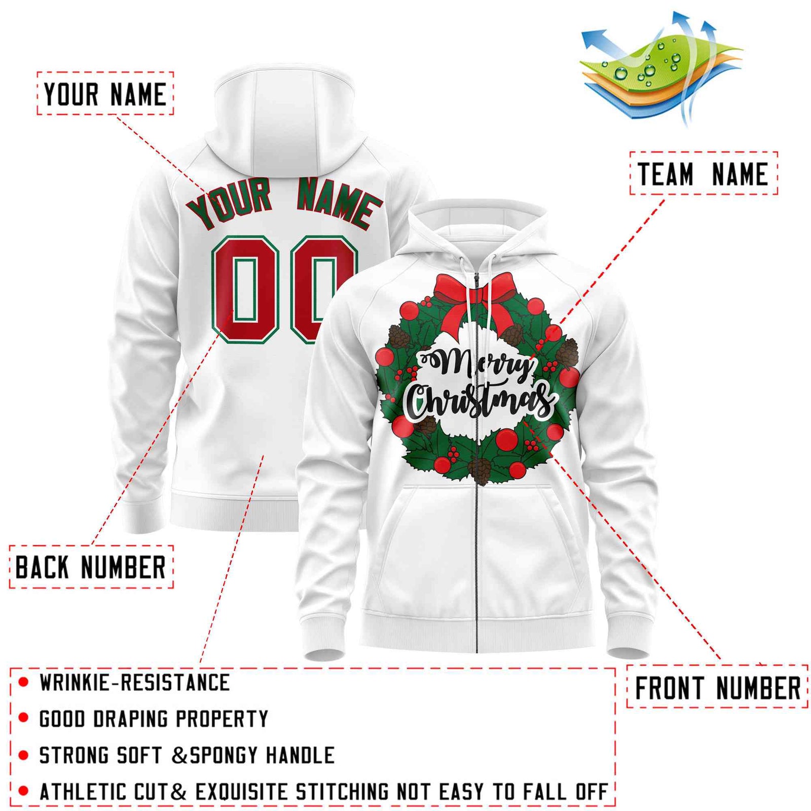 Custom White Red Christmas Graffiti Pattern Athletic Full-Zip Hoodie