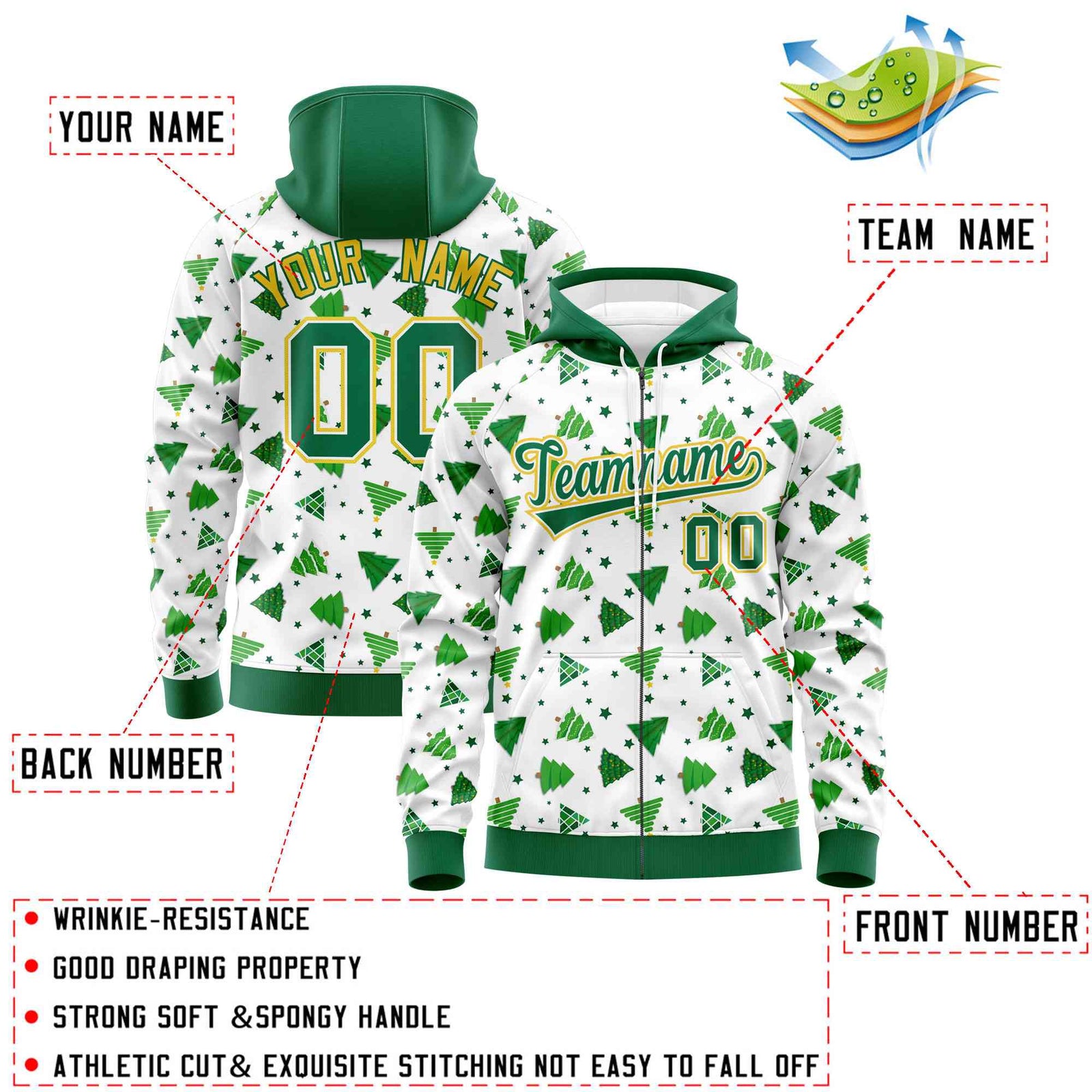 Custom White Kelly Green Christmas Graffiti Pattern Athletic Full-Zip Hoodie| KXKSHOP