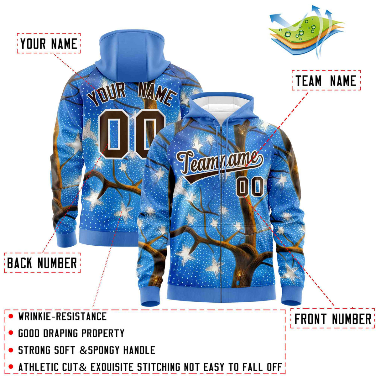 Custom Powder Blue Light Brown Christmas Graffiti Pattern Athletic Pullover Hoodie| KXKSHOP