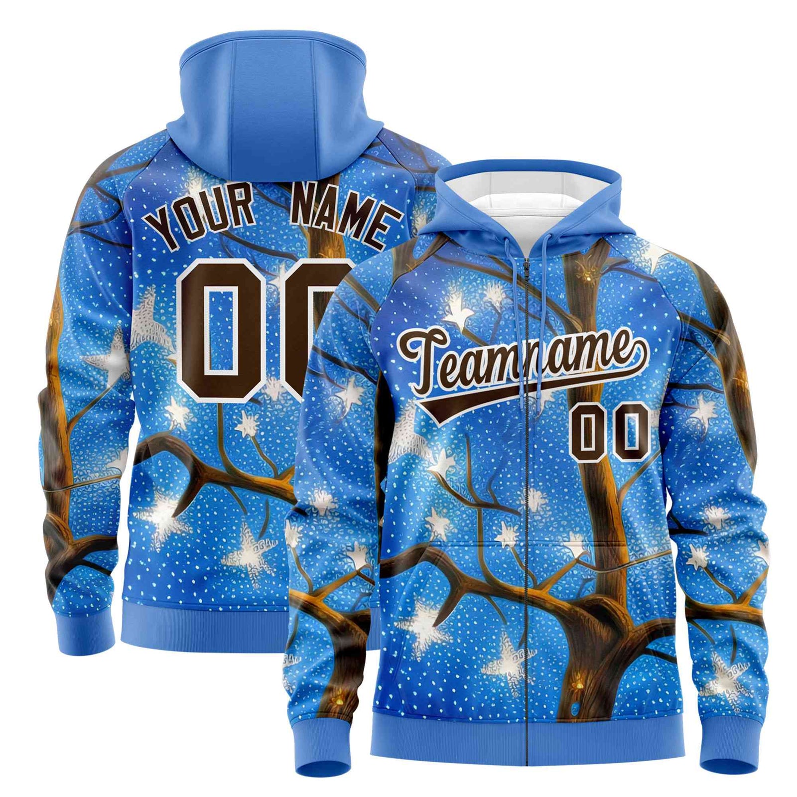 Custom Powder Blue Light Brown Christmas Graffiti Pattern Athletic Full-Zip Hoodie| KXKSHOP