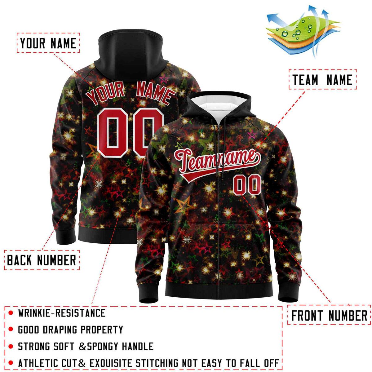 Custom Black Red Christmas Graffiti Pattern Athletic Full-Zip Hoodie| KXKSHOP