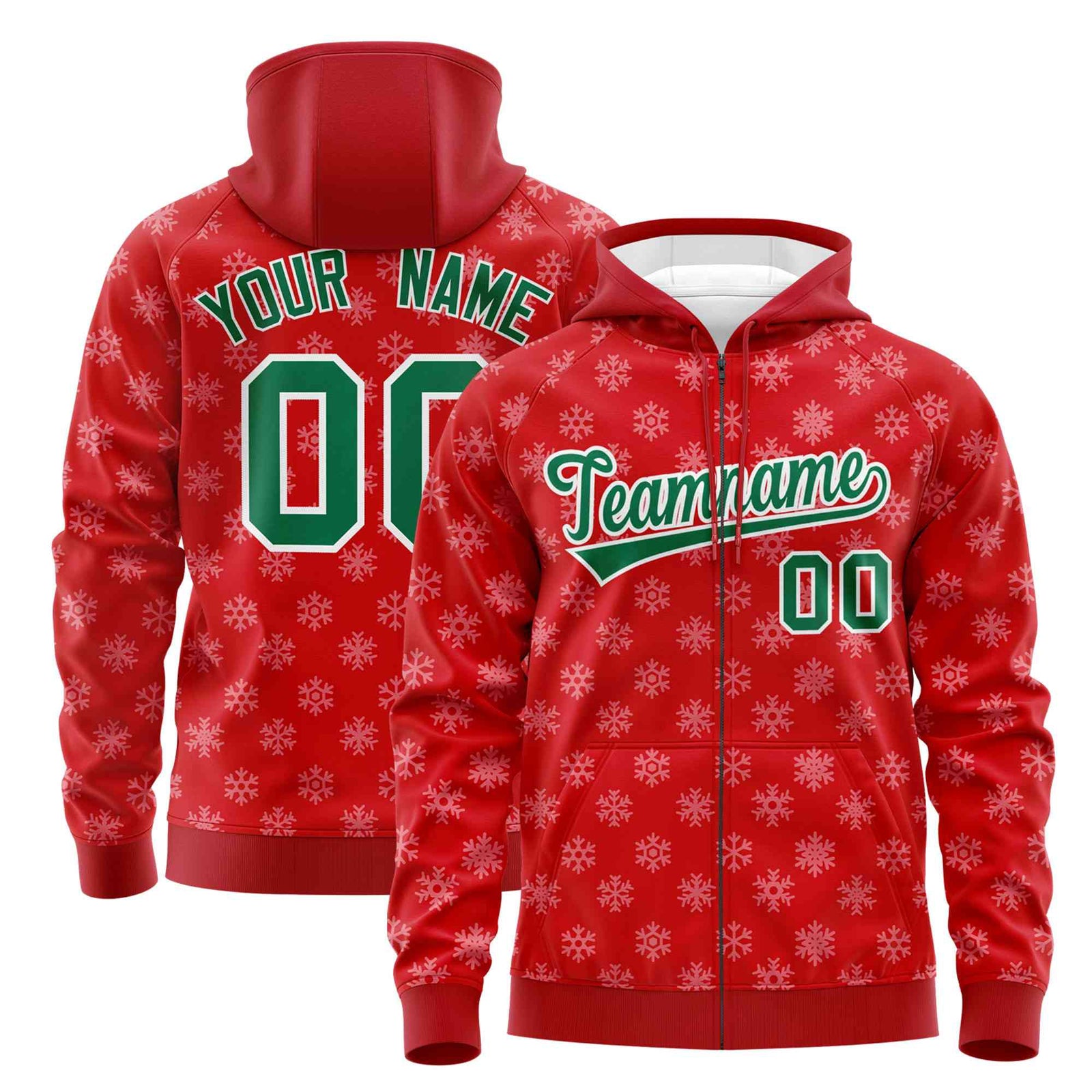 Custom Red Kelly Green Christmas Graffiti Pattern Athletic Full-Zip Hoodie| KXKSHOP