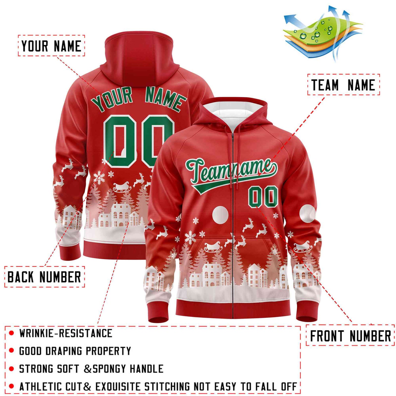 Custom Red Kelly Green Christmas Graffiti Pattern Athletic Pullover Hoodie| KXKSHOP