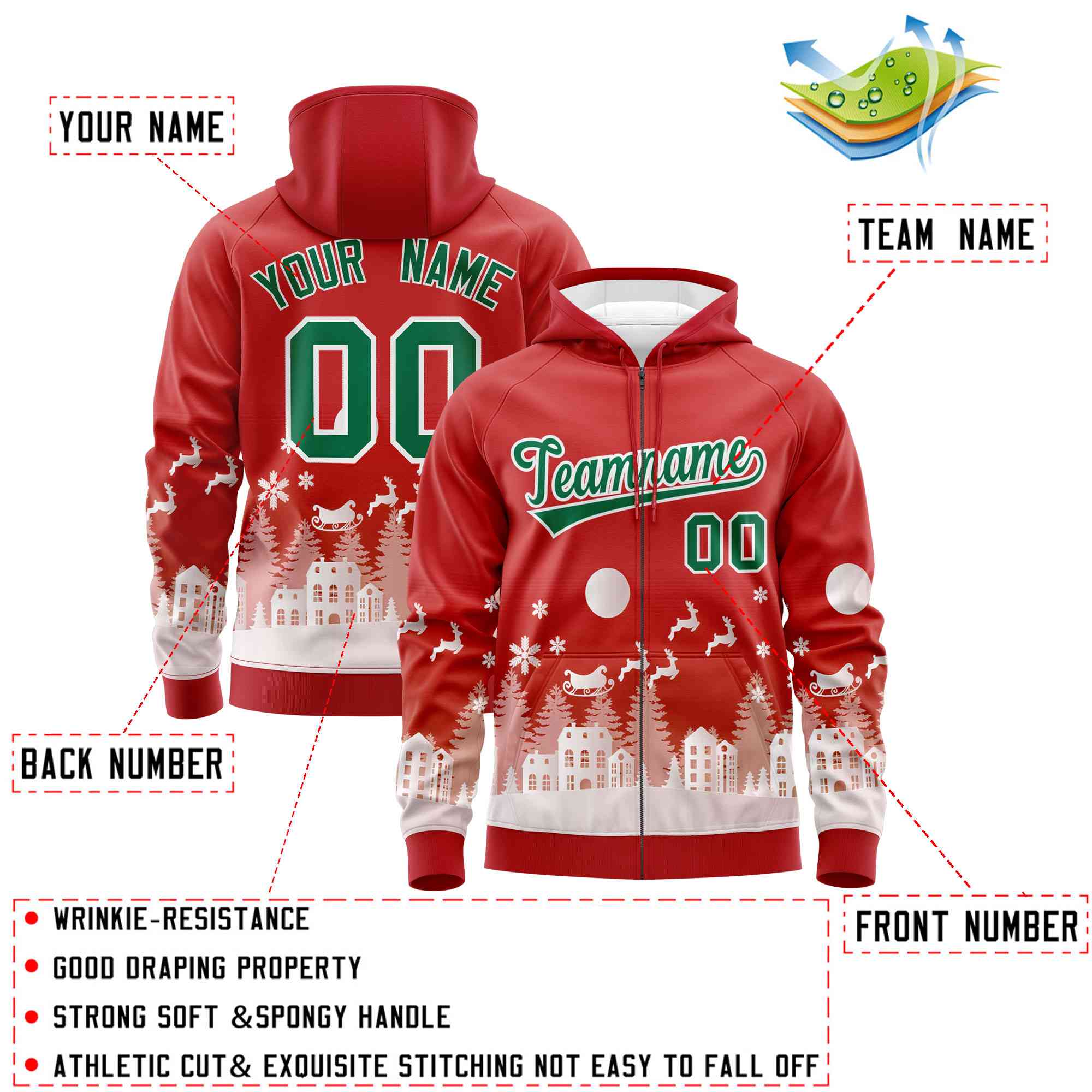 Custom Red Kelly Green Christmas Graffiti Pattern Athletic Pullover Hoodie| KXKSHOP