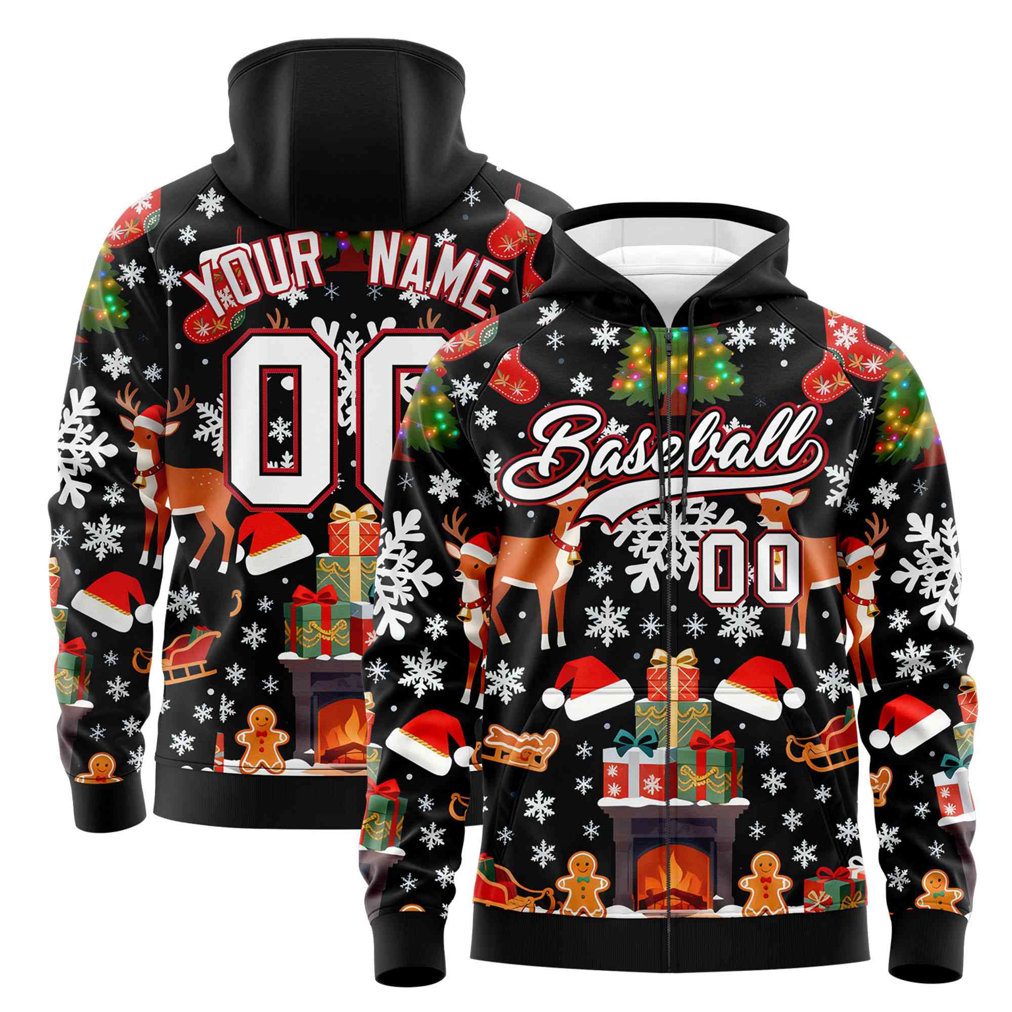 Custom Black White Christmas Graffiti Pattern Athletic Pullover Hoodie