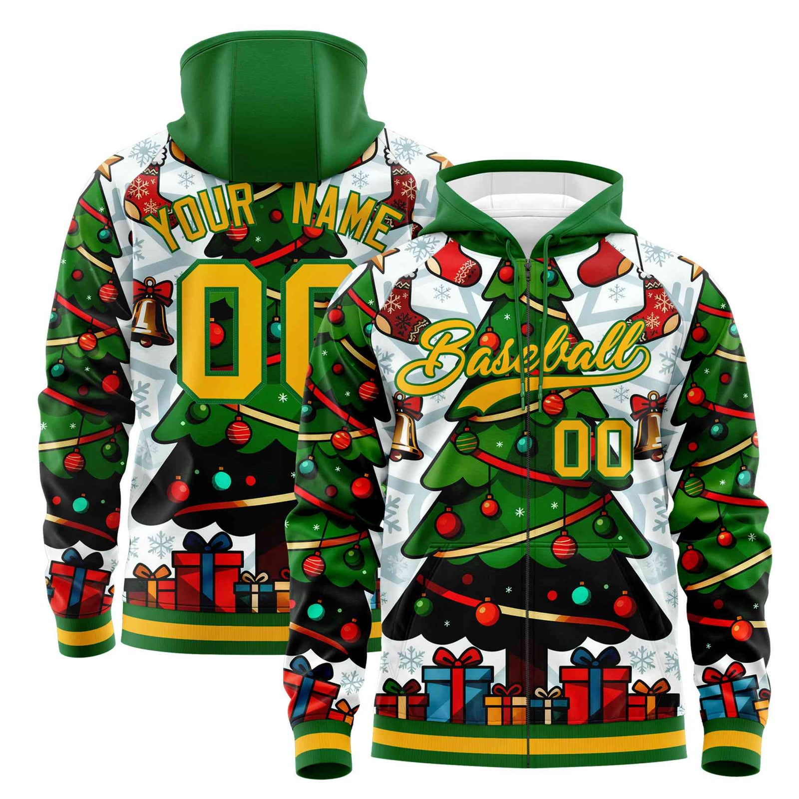 Custom Kelly Green Gold Christmas Graffiti Pattern Athletic Full-Zip Hoodie