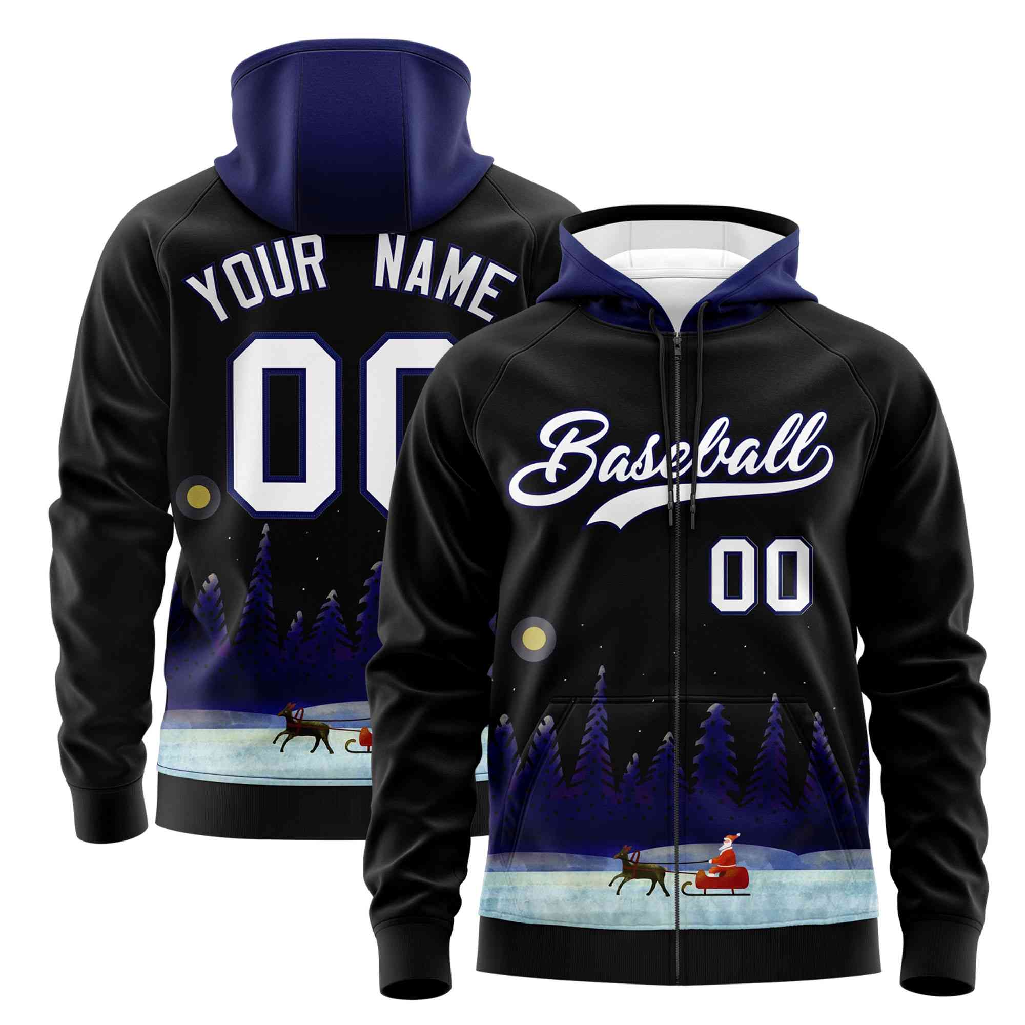 Custom Black Dark Blue Christmas Graffiti Pattern Athletic Pullover Hoodie