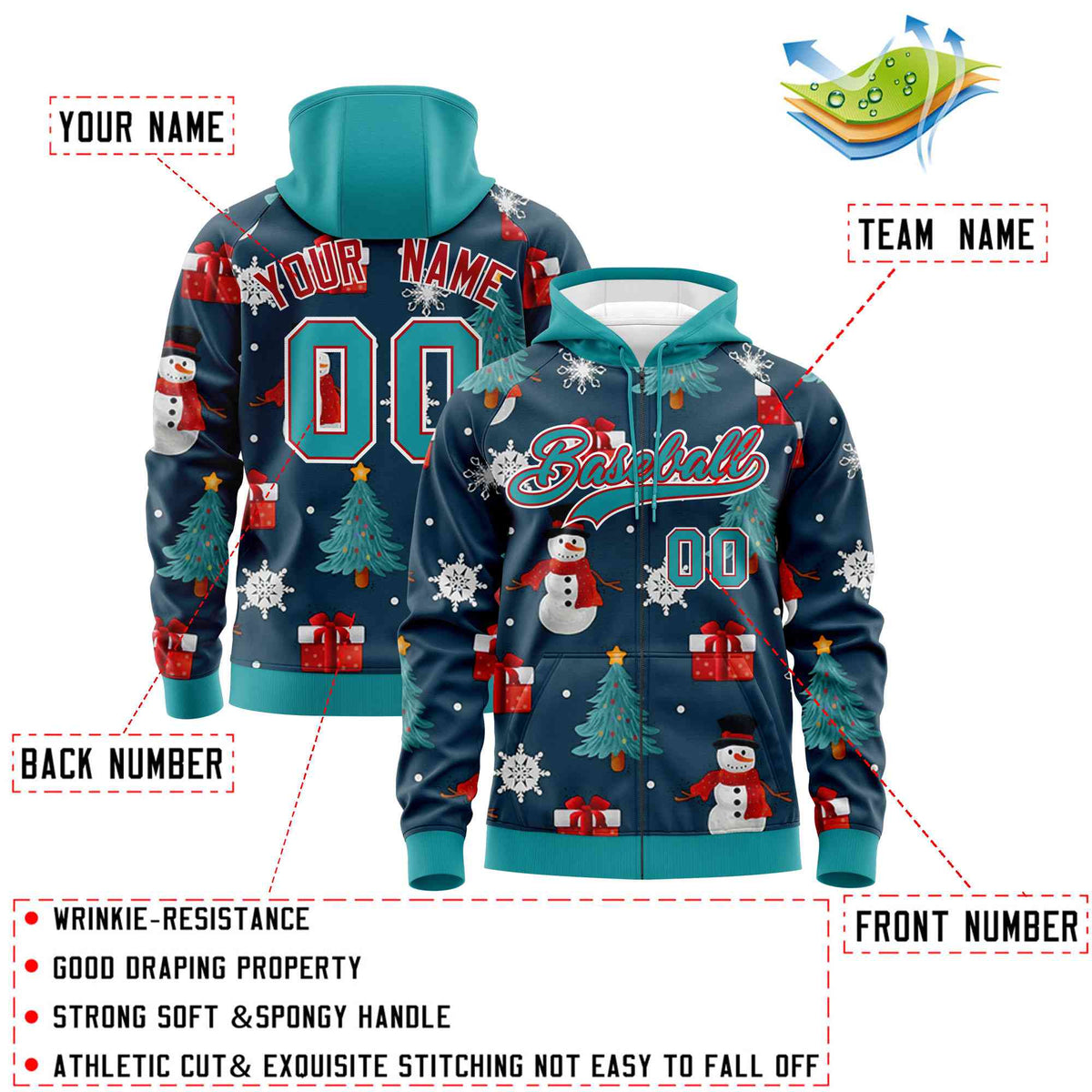 Custom Midnight Blue Aqua Christmas Graffiti Pattern Athletic Pullover Hoodie
