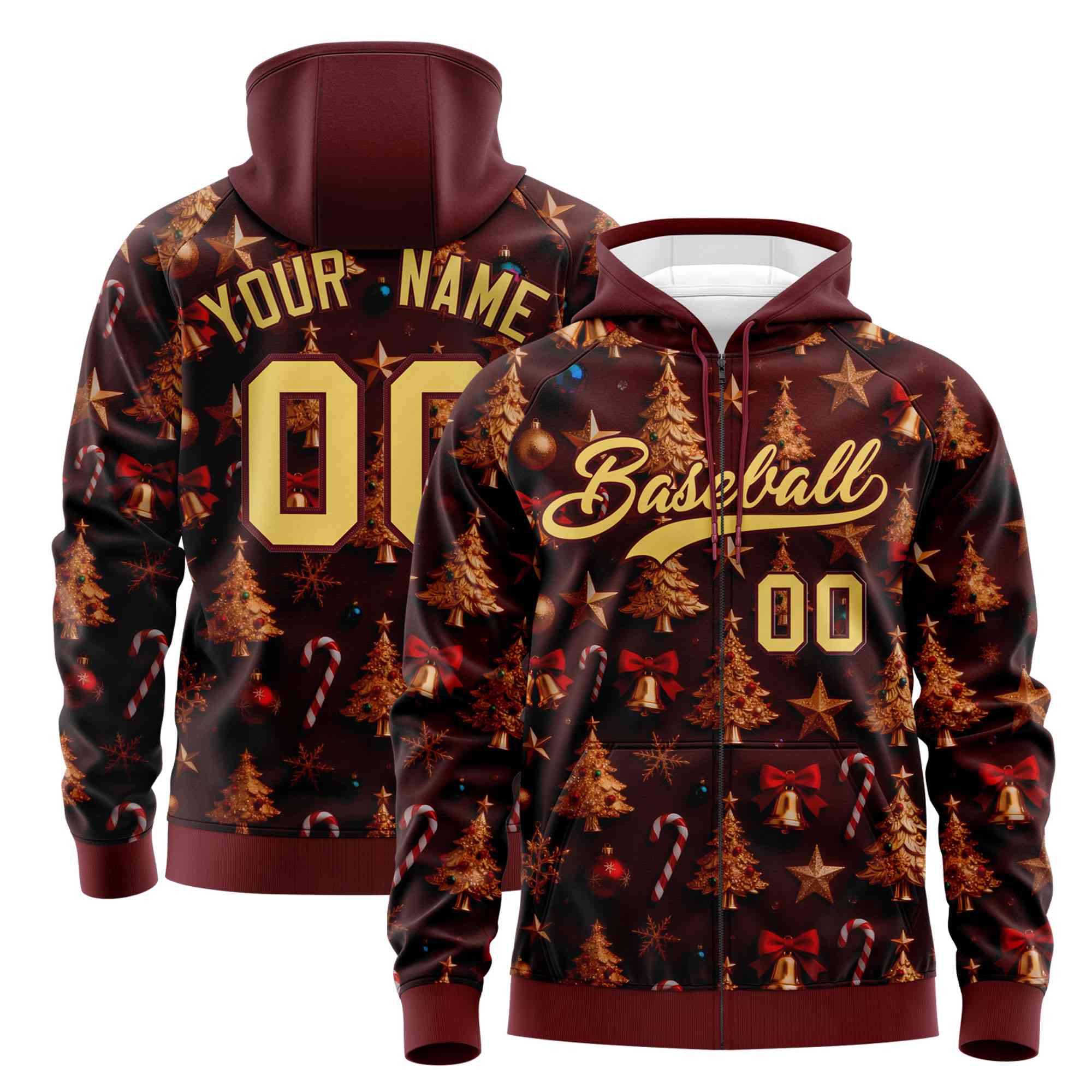 Custom Burgundy Khaki Christmas Graffiti Pattern Athletic Pullover Hoodie