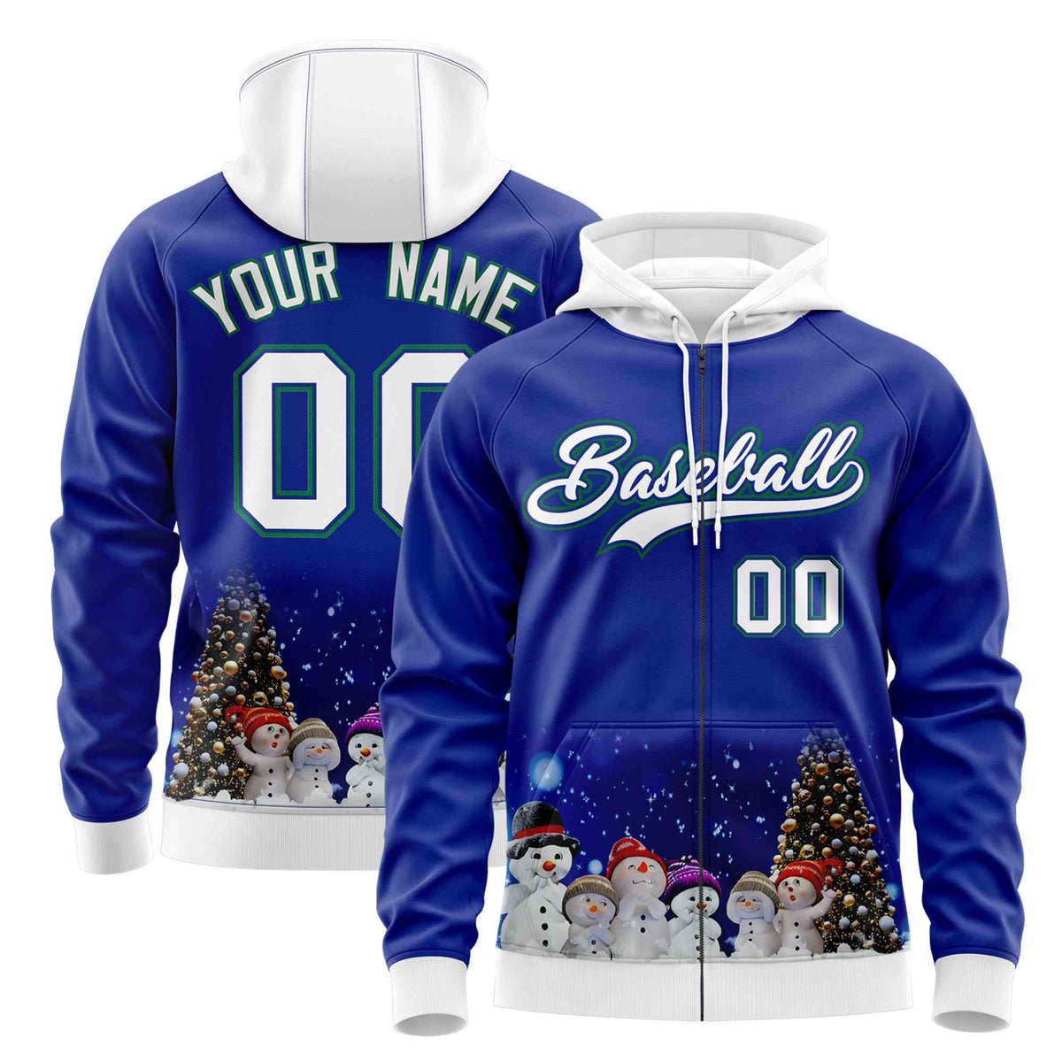 Custom Royal Blue White Christmas Graffiti Pattern Athletic Pullover Hoodie