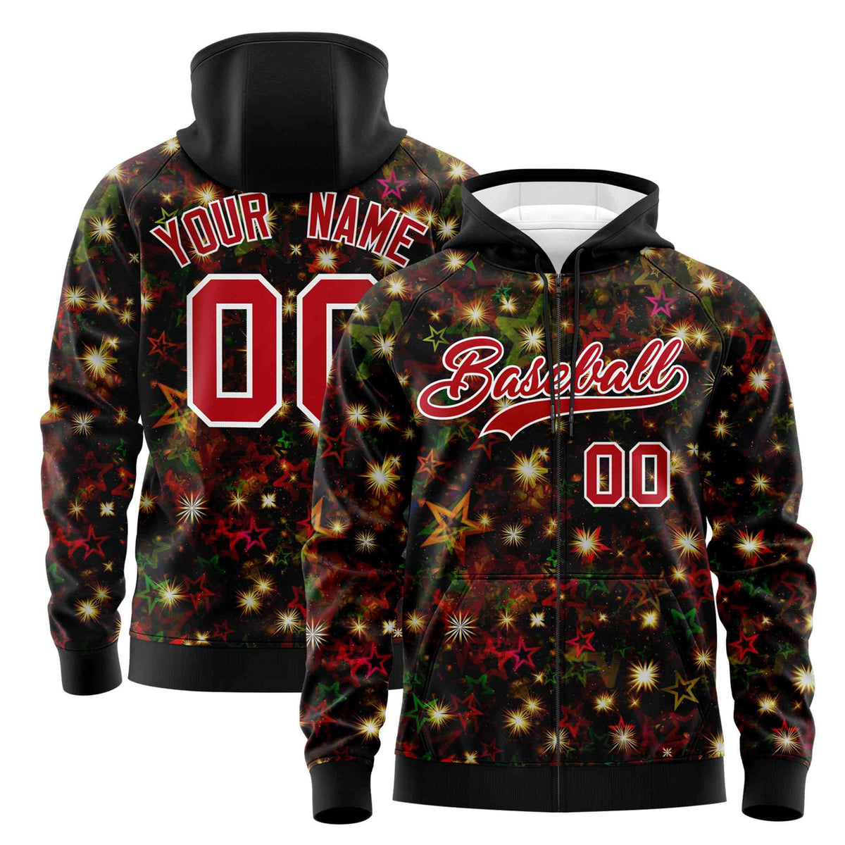 Custom Black Red Christmas Graffiti Pattern Athletic Full-Zip Hoodie