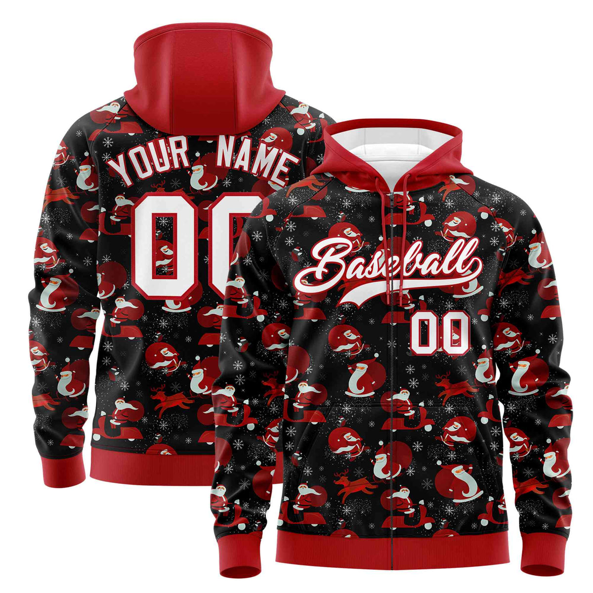 Custom Black Red Christmas Graffiti Pattern Athletic Full-Zip Hoodie