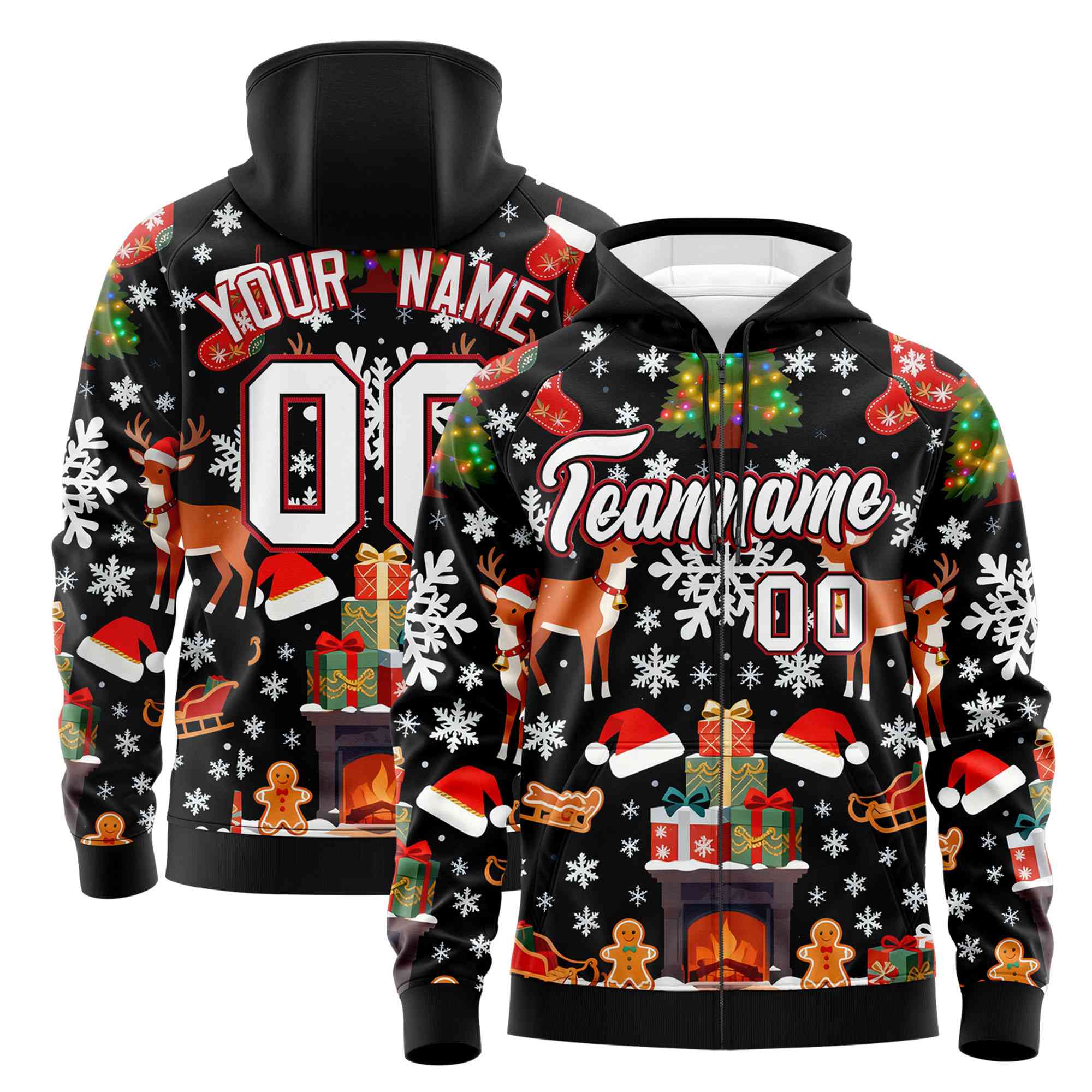 Custom Black White Christmas Graffiti Pattern Athletic Pullover Hoodie