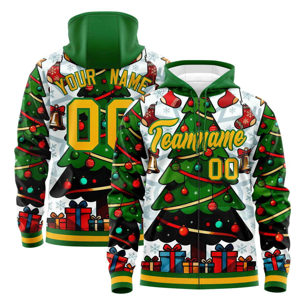 Custom Kelly Green Gold Christmas Graffiti Pattern Athletic Pullover Hoodie