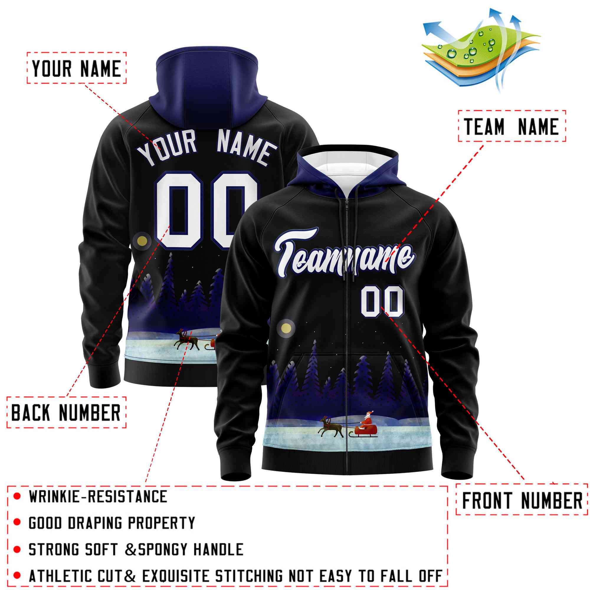 Custom Black Dark Blue Christmas Graffiti Pattern Athletic Pullover Hoodie