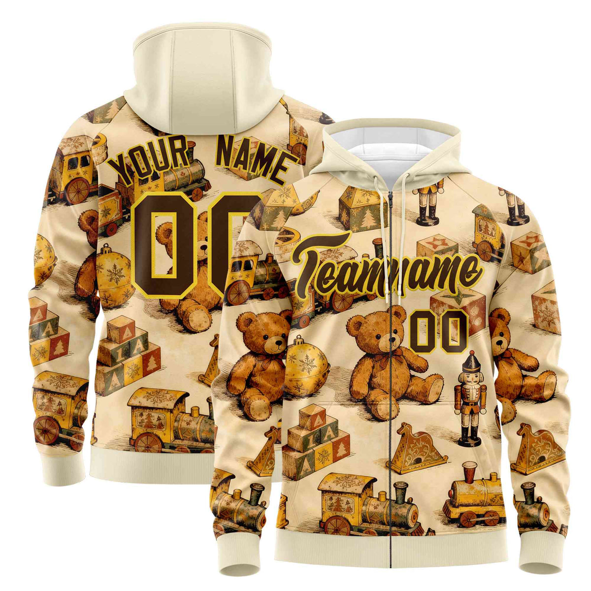 Custom Cream Light Brown Christmas Graffiti Pattern Athletic Full-Zip Hoodie
