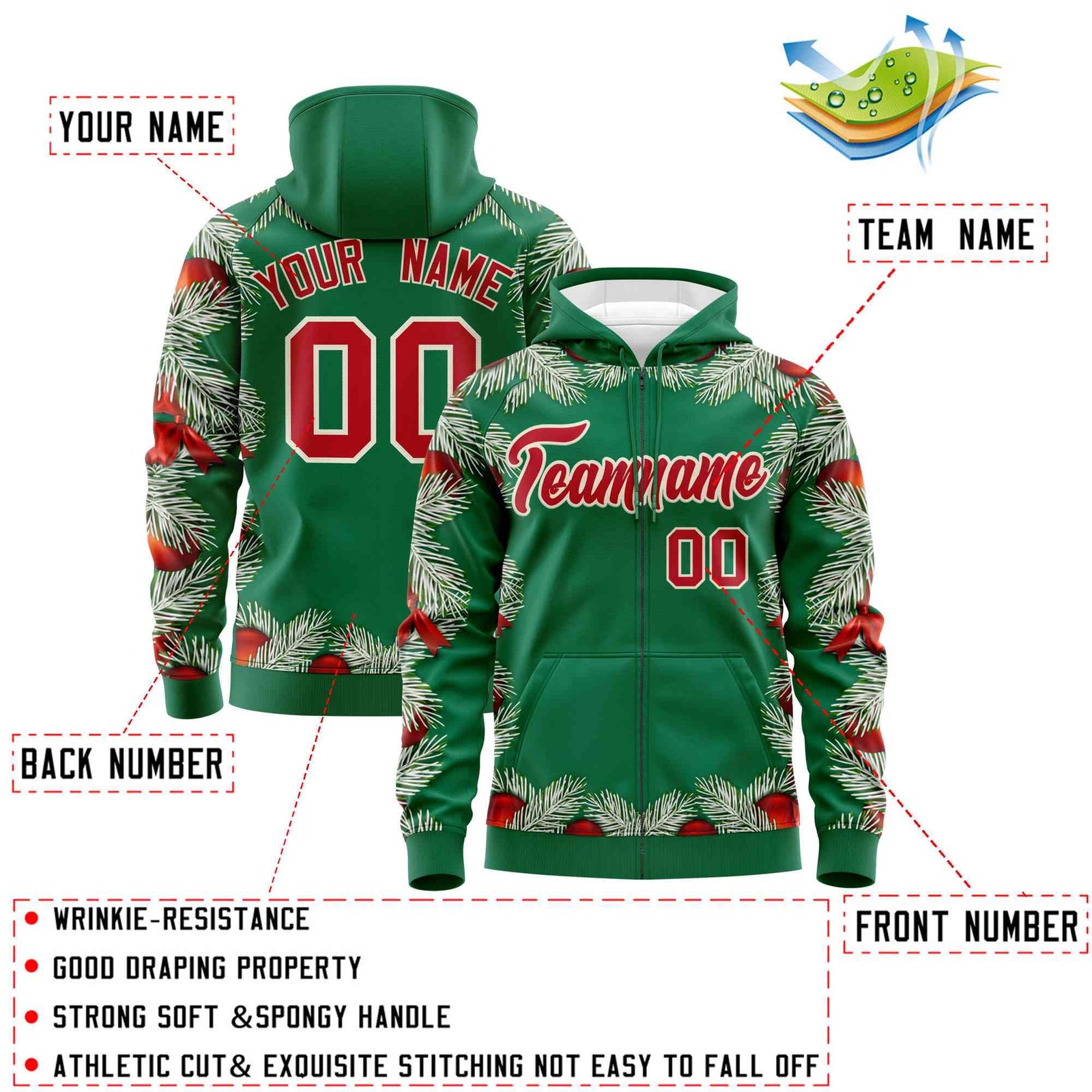 Custom Kelly Green Red Christmas Graffiti Pattern Athletic Pullover Hoodie