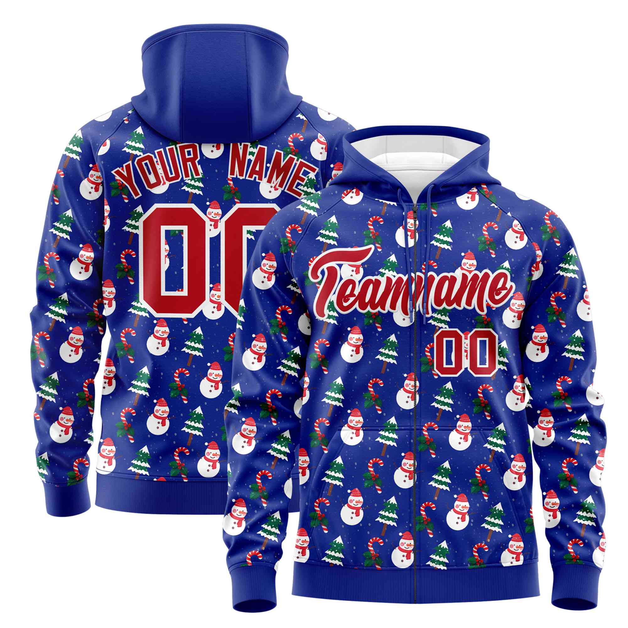 Custom Royal Blue Red Christmas Graffiti Pattern Athletic Pullover Hoodie